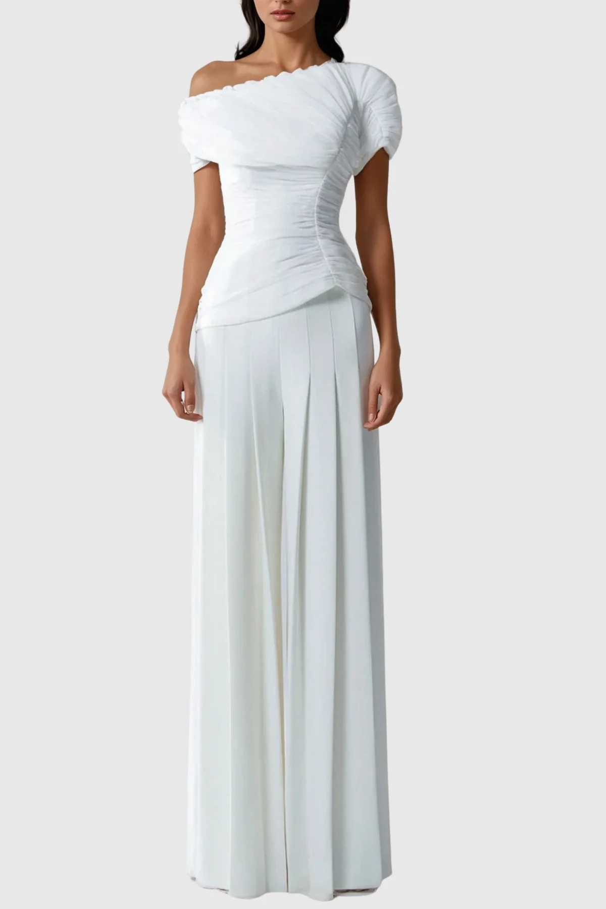 White One Shoulder Pant Set - Sophisticated Contemporary Outfit