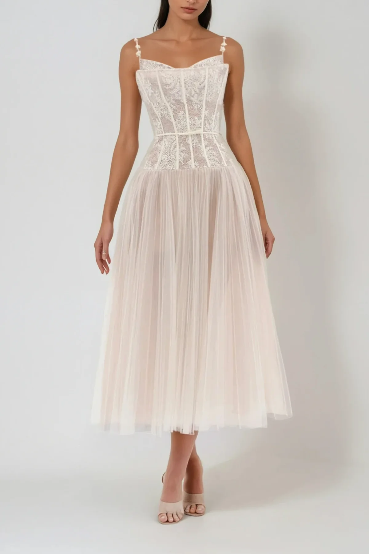 Elegant Mesh Overlay Maxi Dress with Corset Bodice