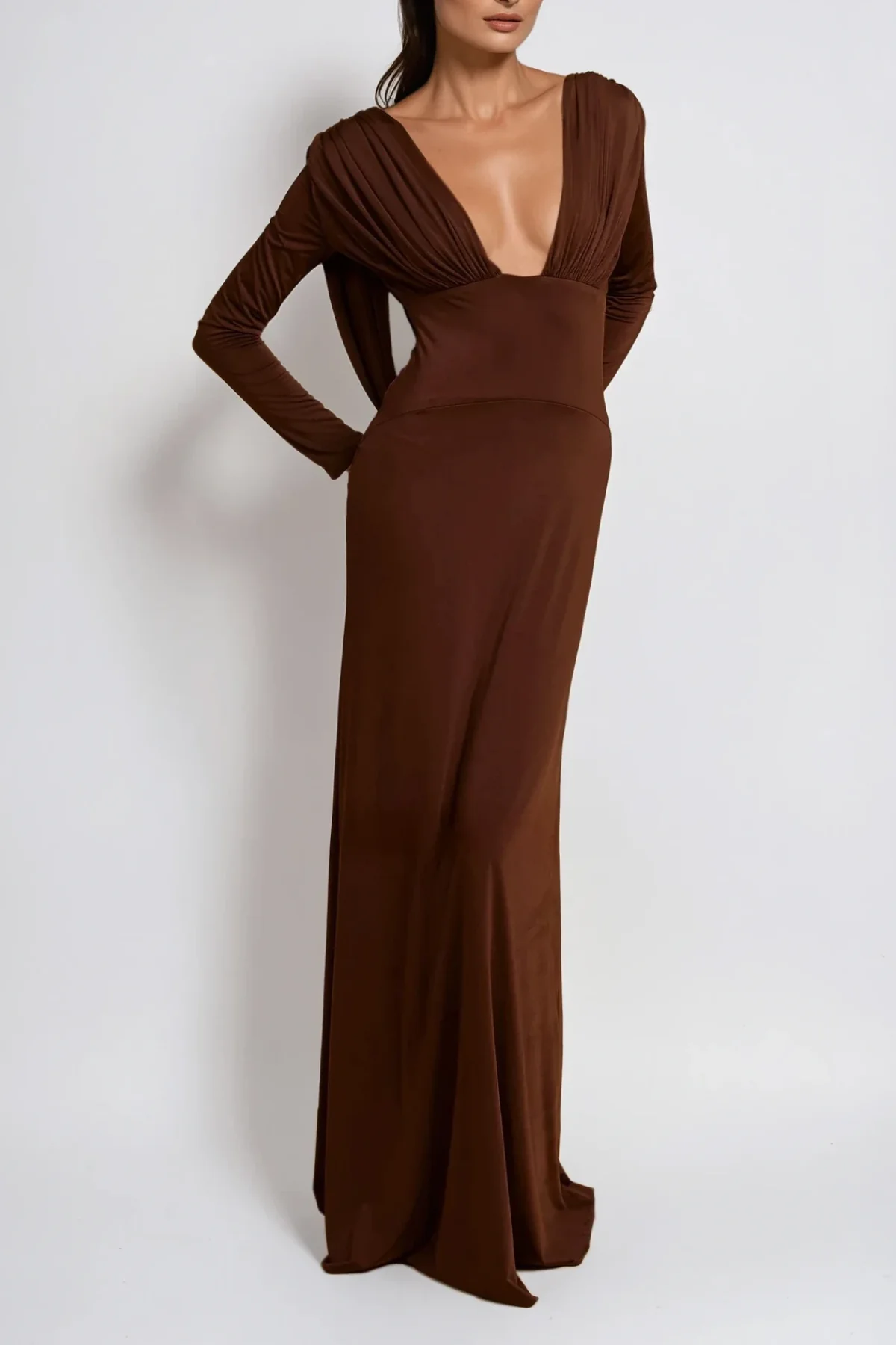 Elegant Backless Ruched Maxi Dress - Brown Chic Style