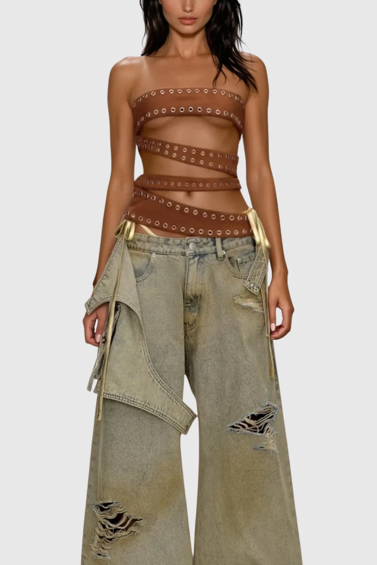 Brown Eyelet Asymmetric Strapless Top