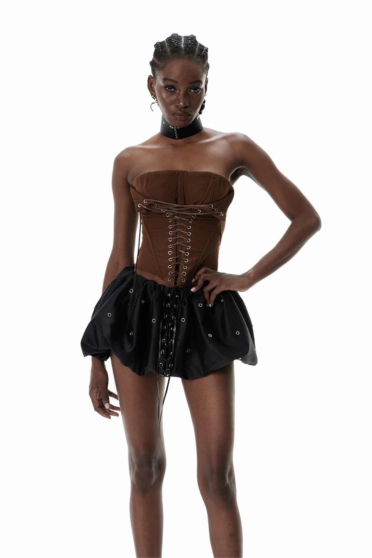 Brown Lace-Up Corset Top - Elegant Silhouette Accentuation