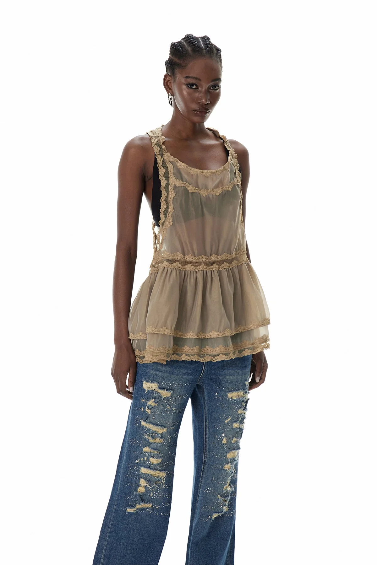 Edgy Lace Mesh Mini Dress in Khaki | Romantic Coquette Style