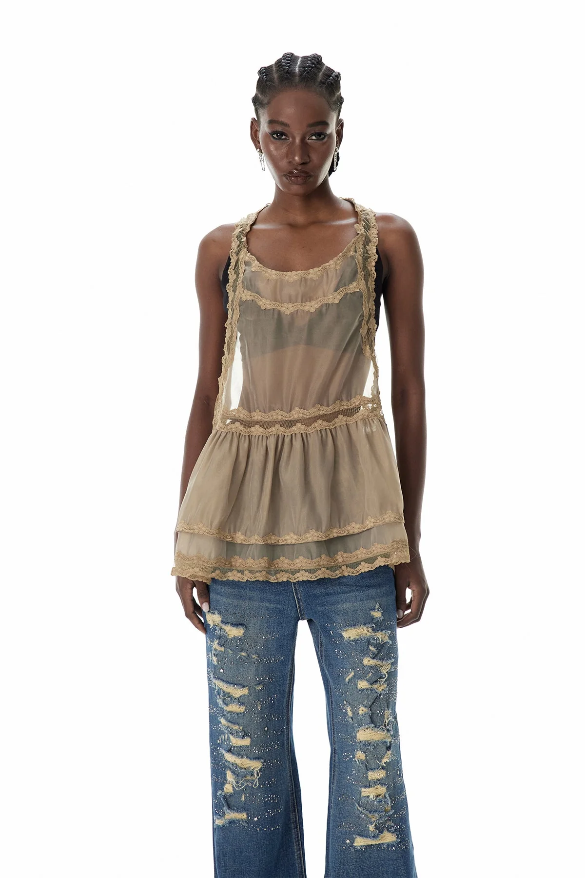 Edgy Lace Mesh Mini Dress in Khaki | Romantic Coquette Style