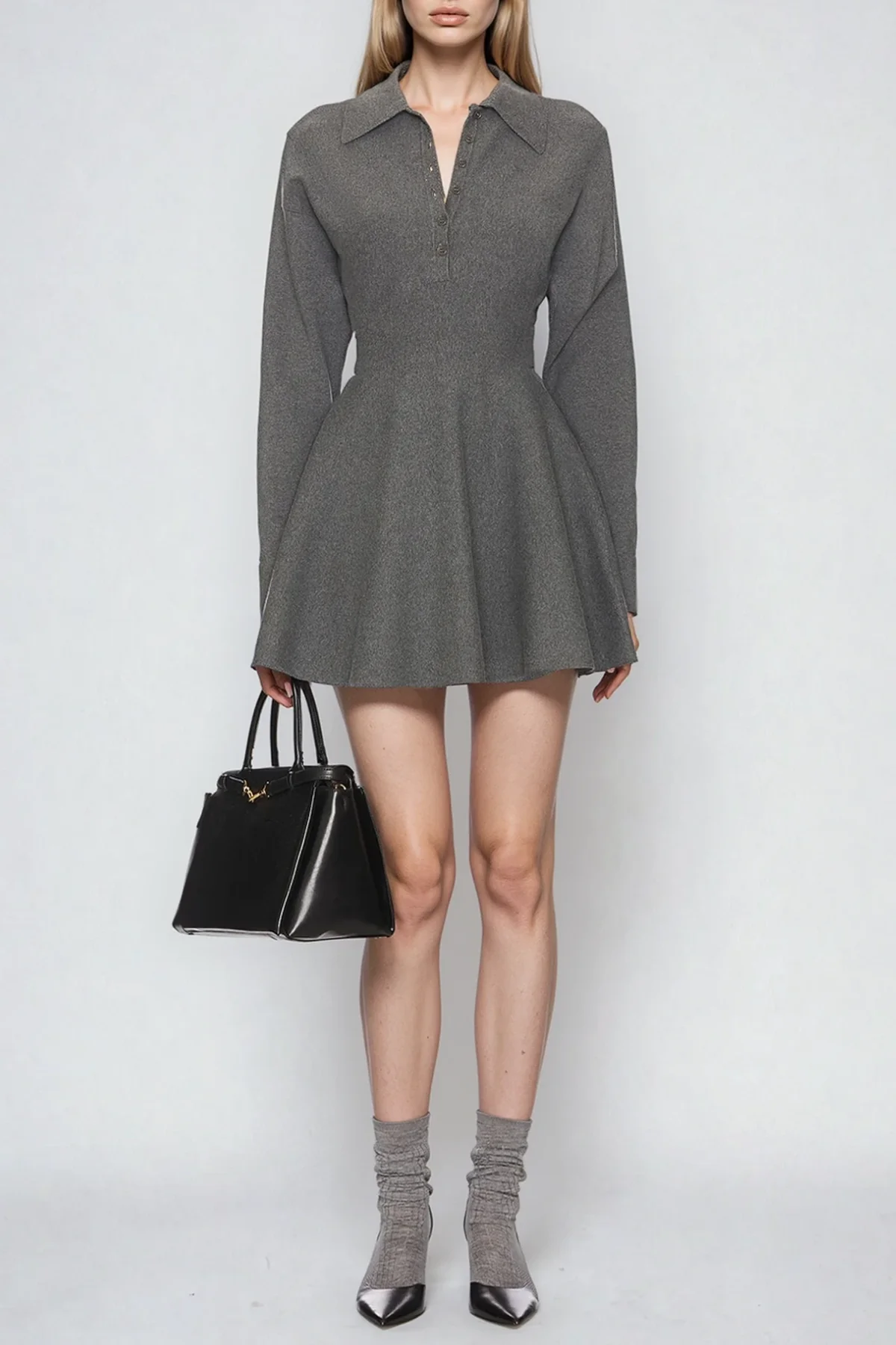 Grey Ruffle Long Sleeve Mini Dress