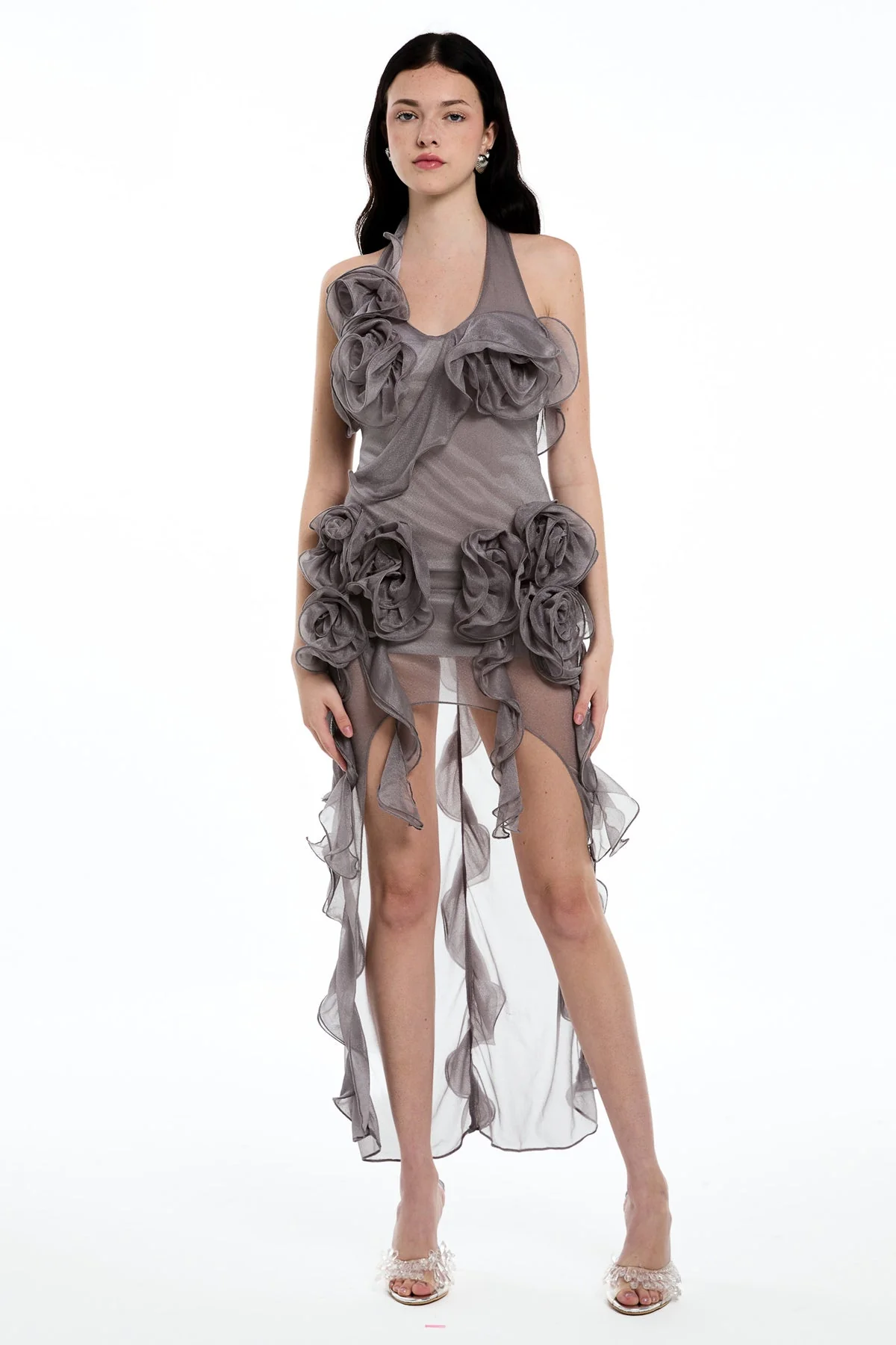 Grey Mesh Flower Backless Mini Dress