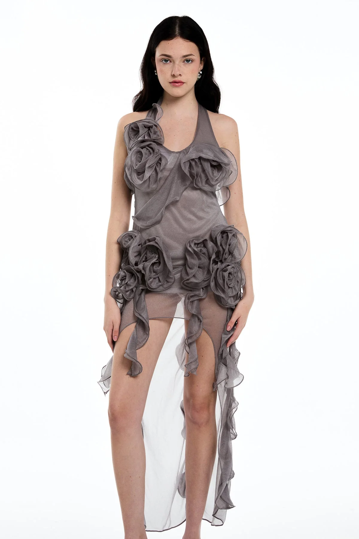 Grey Mesh Flower Backless Mini Dress