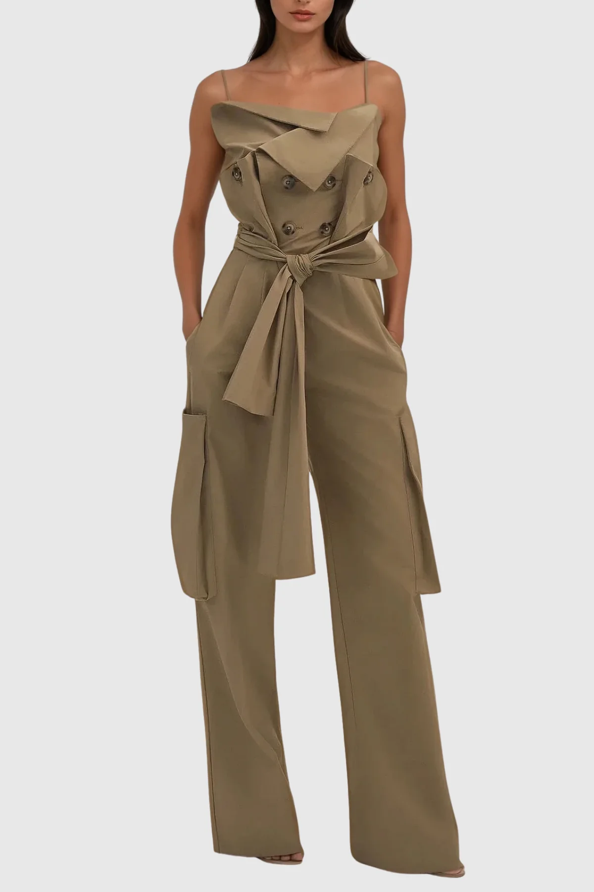 Khaki Asymmetric Spaghetti Strap Jumpsuit