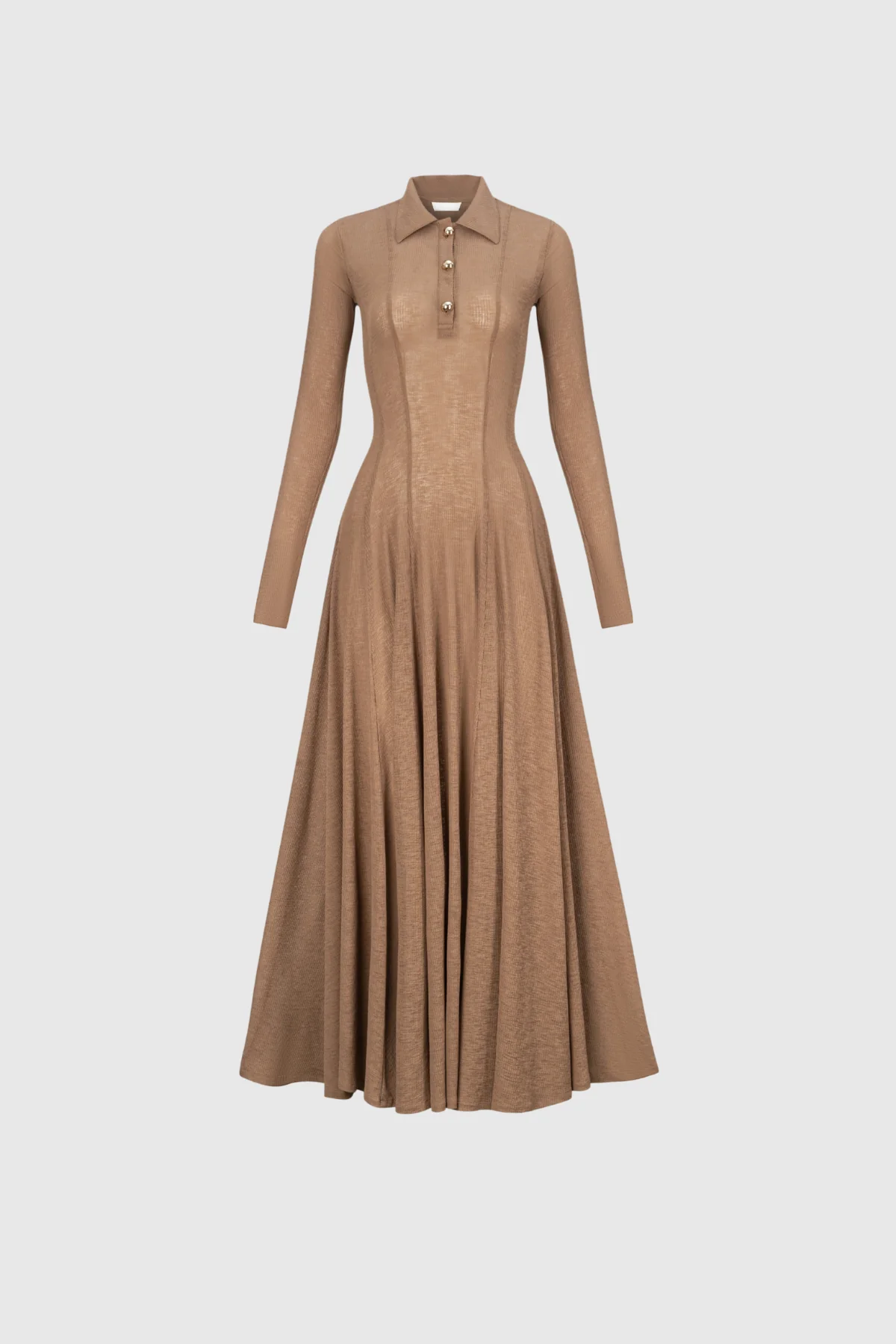 Khaki Ruffle Knit Maxi Dress with Long Sleeves