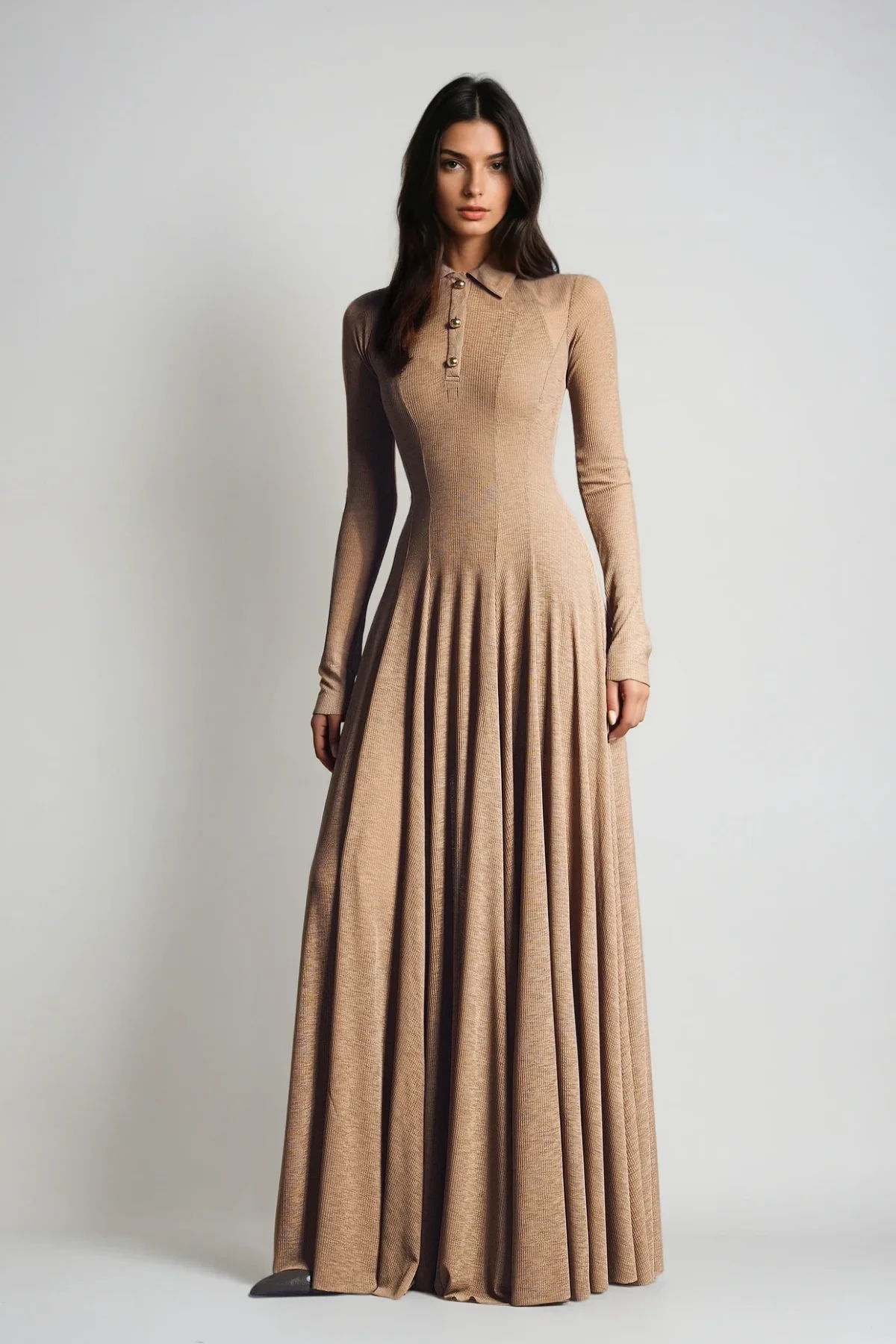 Khaki Ruffle Knit Maxi Dress with Long Sleeves