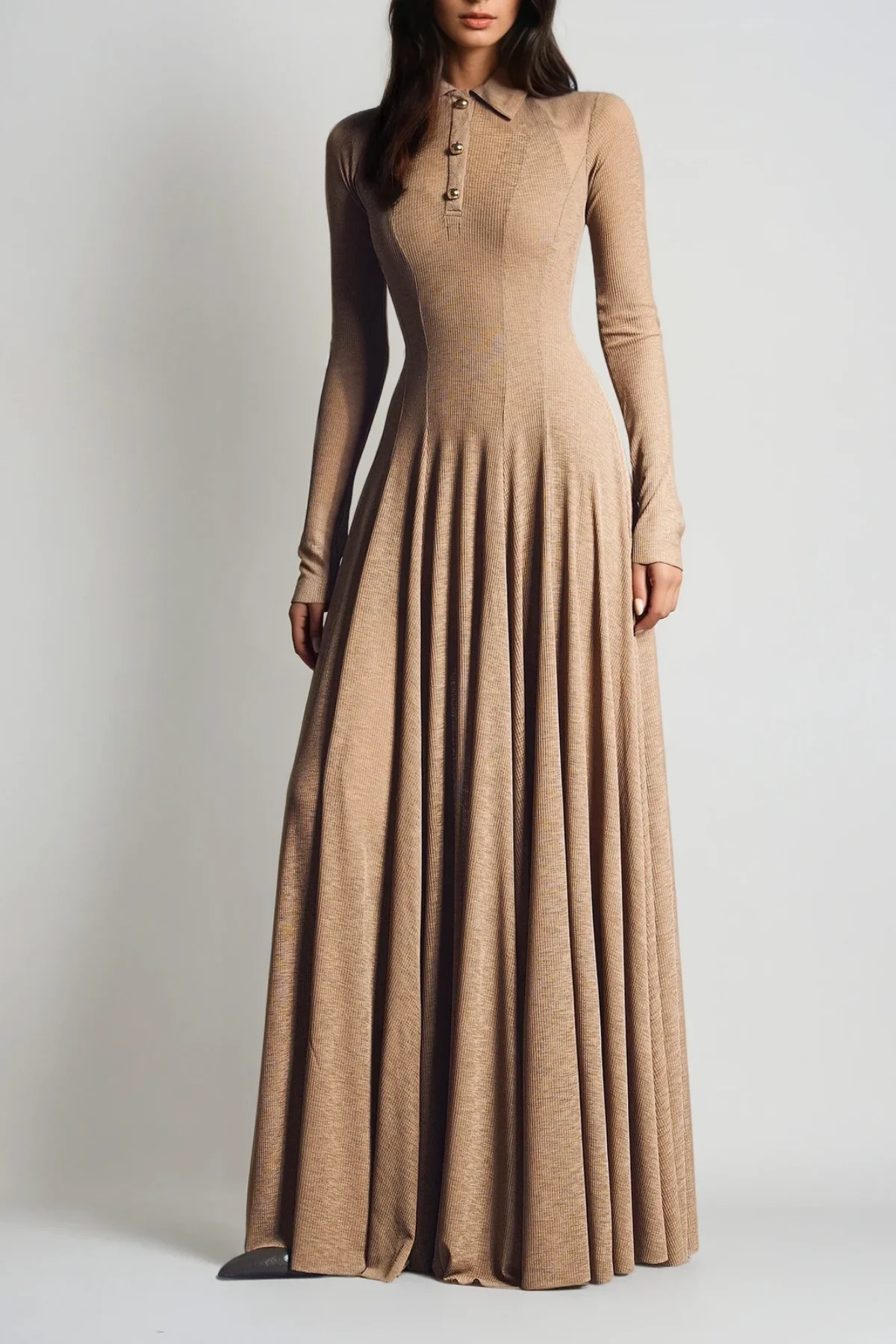 Khaki Ruffle Knit Maxi Dress with Long Sleeves