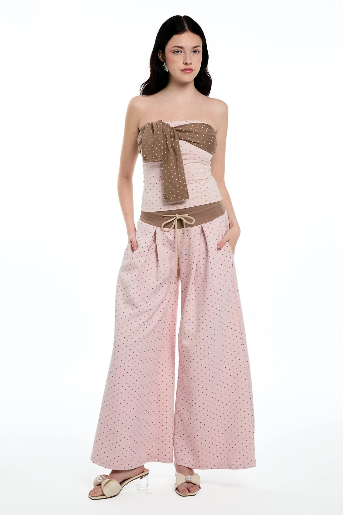 Chic Strapless Polka Dot Pants Set in Pink