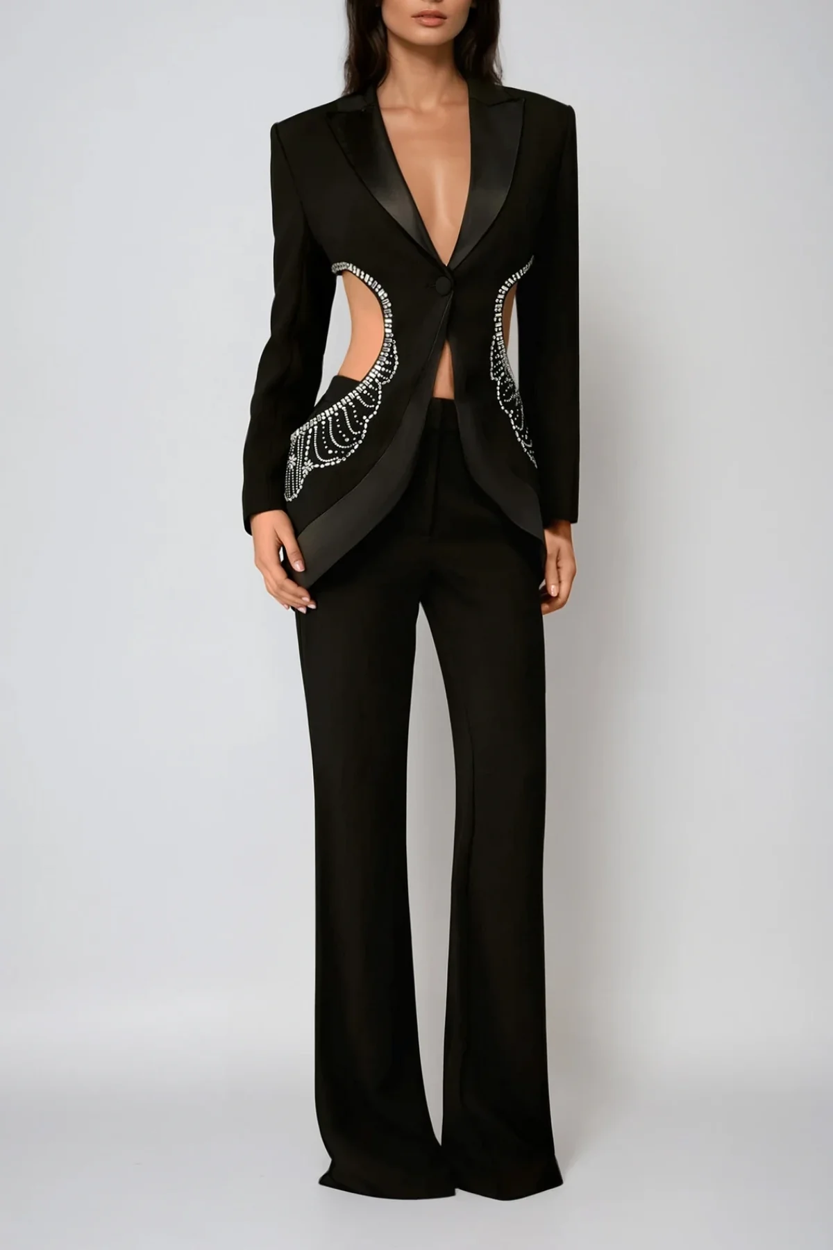 Sophisticated Rhinestone Cutout Black Pants Set