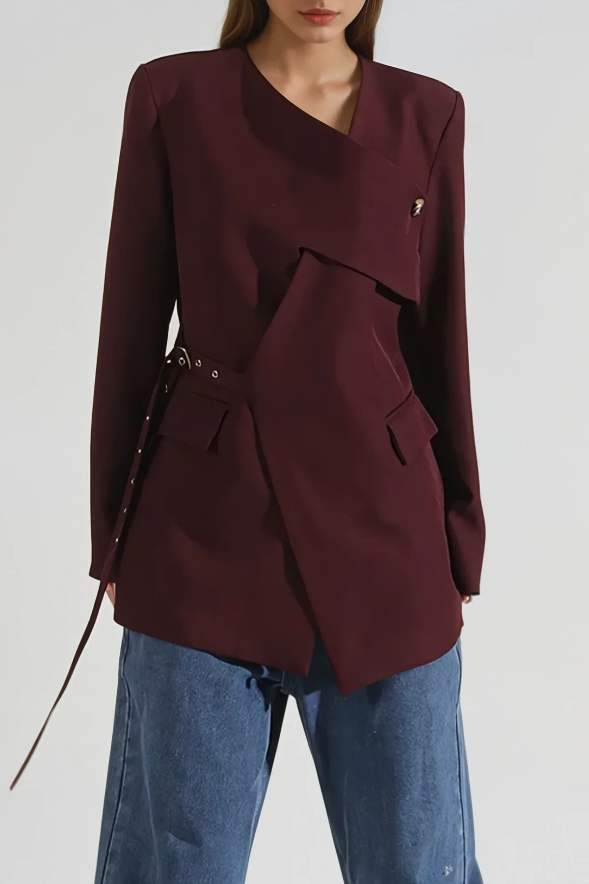 Chic Red V Neck Asymmetric Jacket for Modern Style