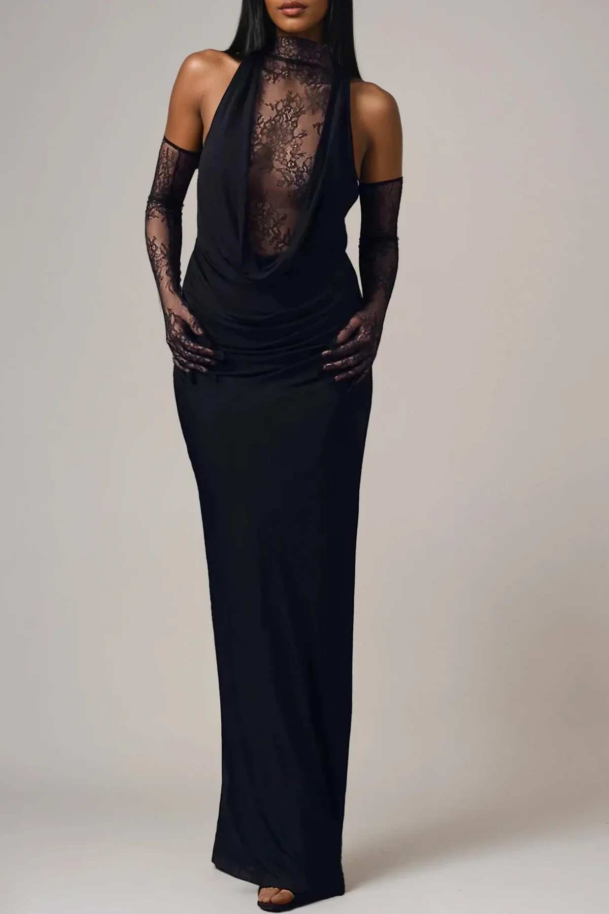 Black Lace Cowl Neck Maxi Dress - Elegant Formal Attire