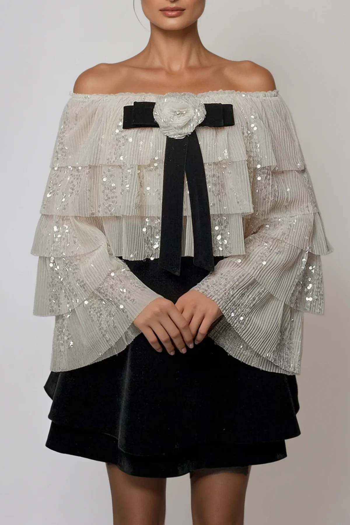 Floral Ruffle Sequin Skirt Set - Elegant Sparkling Ensemble