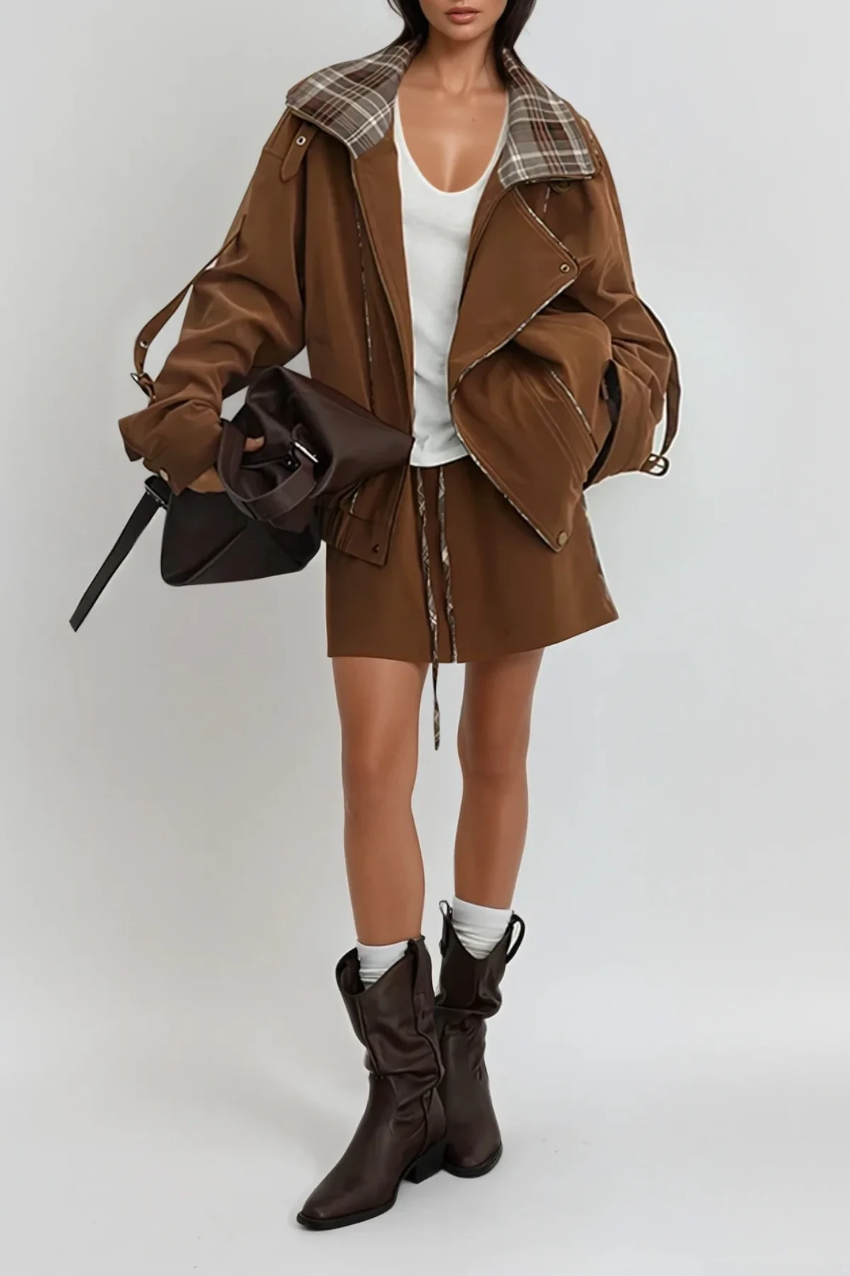 Grid Pattern Asymmetric Skirt Set in Stylish Brown