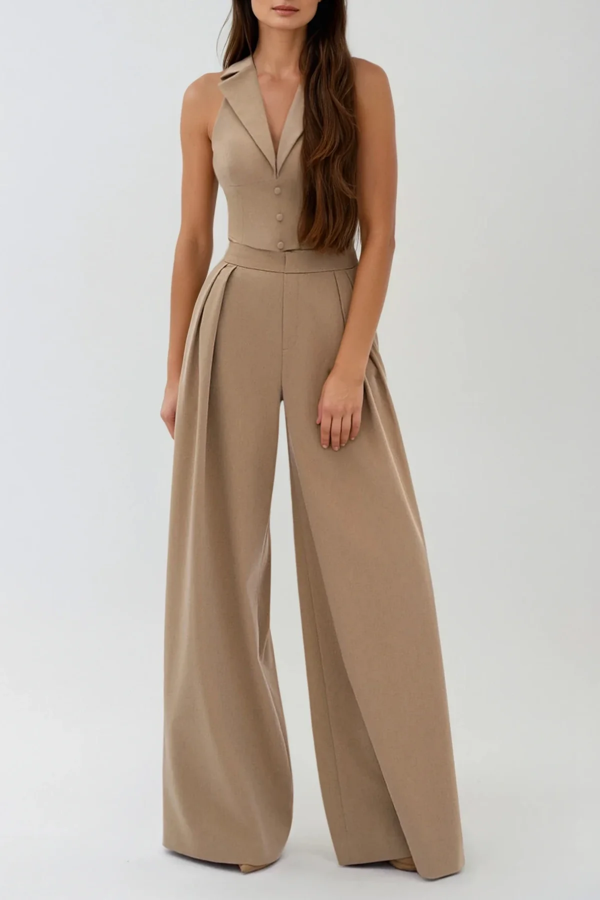 Khaki Sleeveless Pants Set