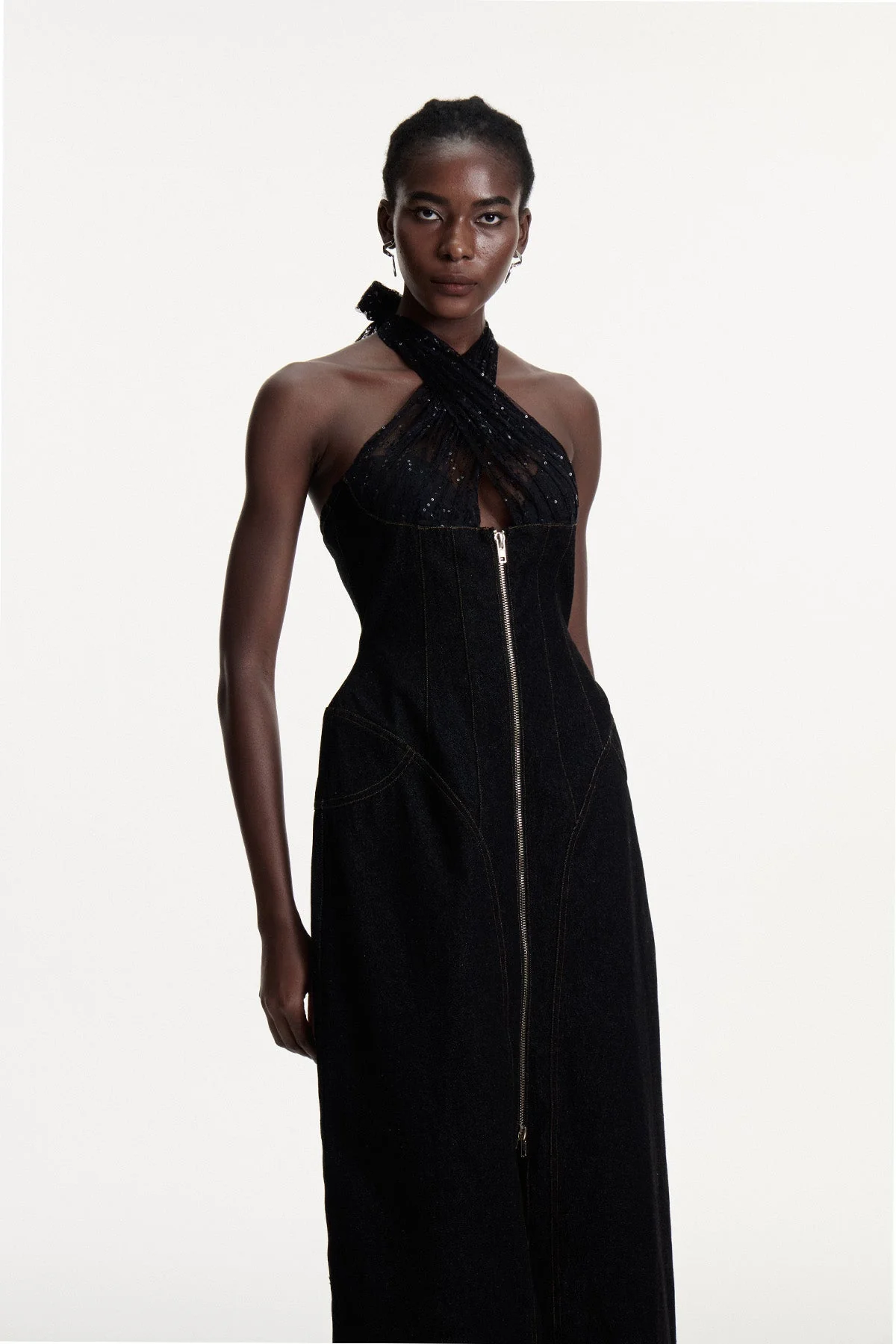 Sequin Halter Neck Denim Maxi Dress in Black