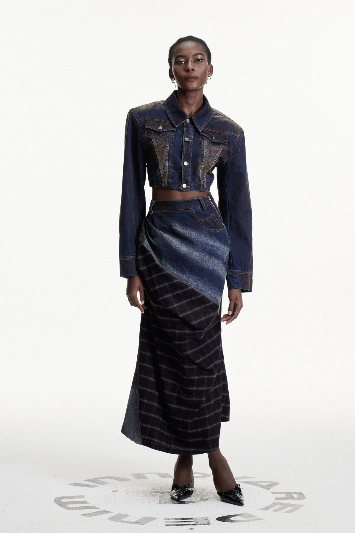 Modern Deconstruct Stripe Skirt Set in Blue Denim