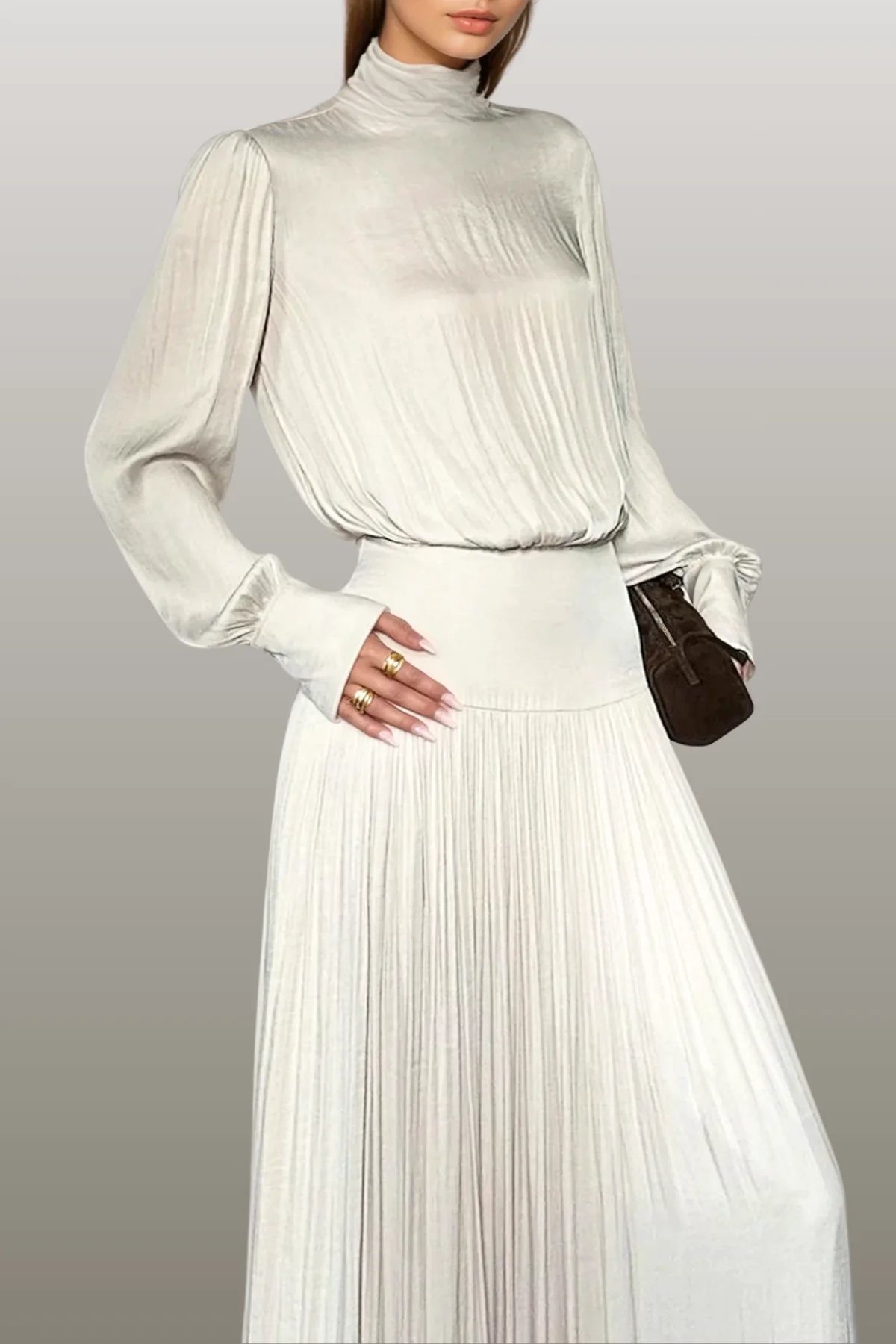 White Balloon Sleeve Ruched Maxi Dress