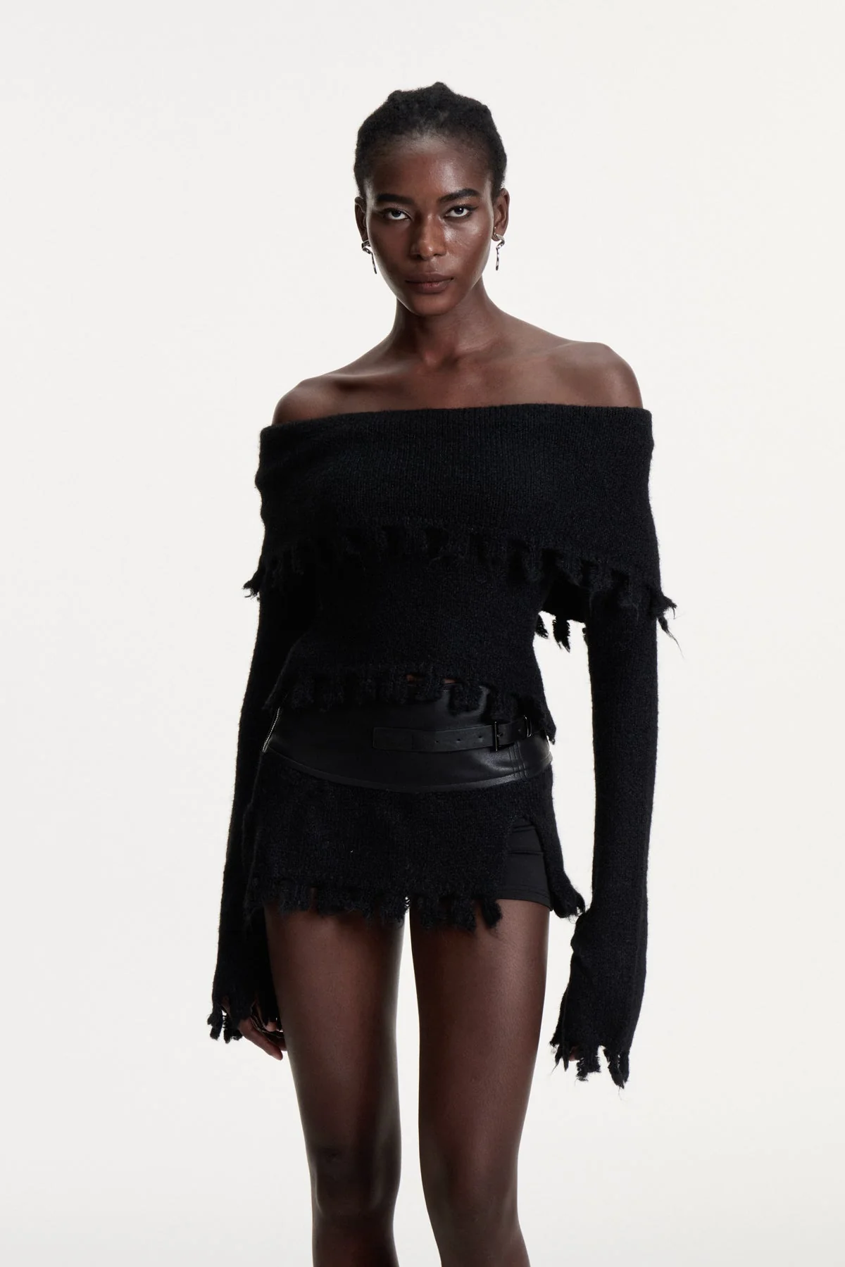 Black Fringe Off-Shoulder Set with Skirt