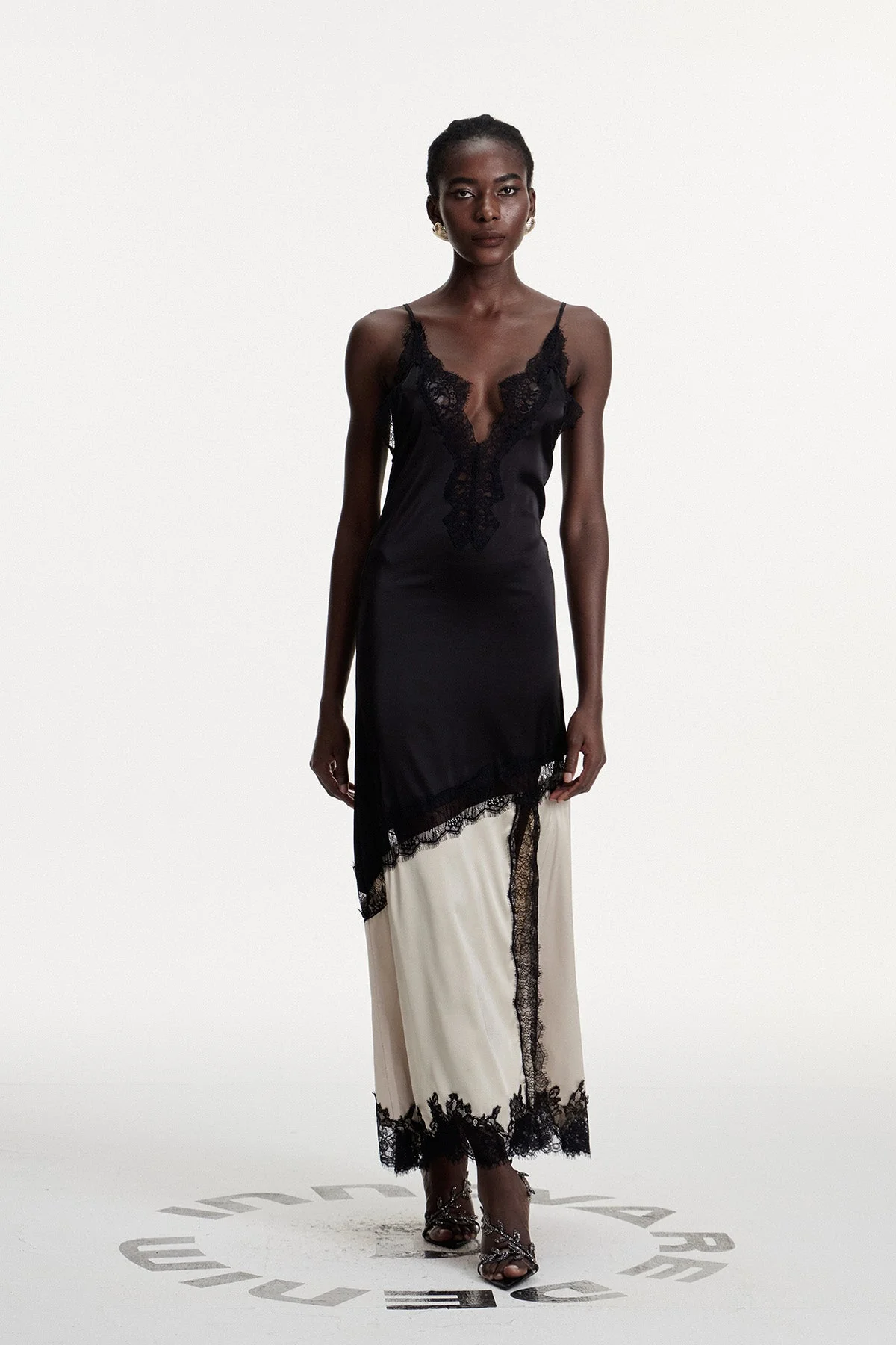 Elegant Black Satin Maxi Dress with Lace Plunge Neckline