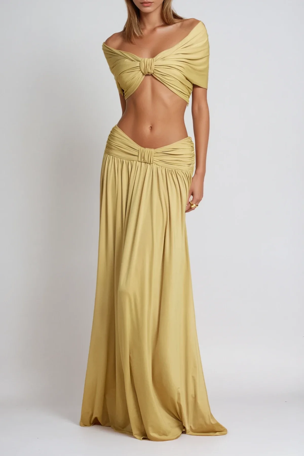 Yellow Off Shoulder Ruched Dress Set