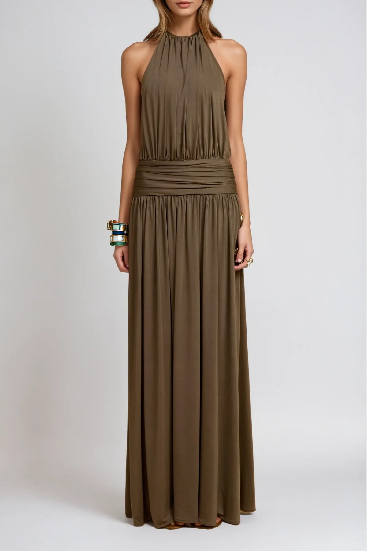 Brown Ruched Halter Maxi Dress Elegant Formal Wear