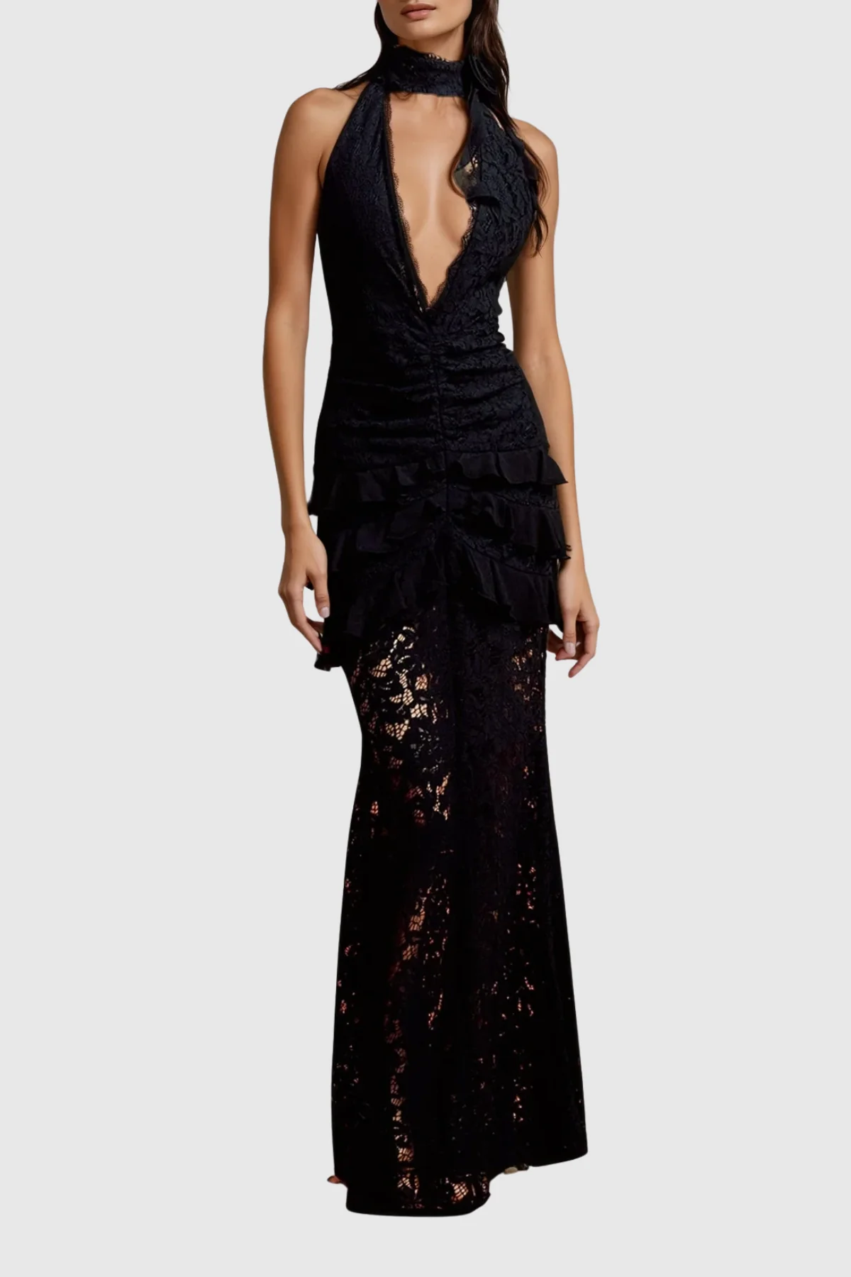 Elegant Floral Lace Maxi Dress with Plunge Neckline
