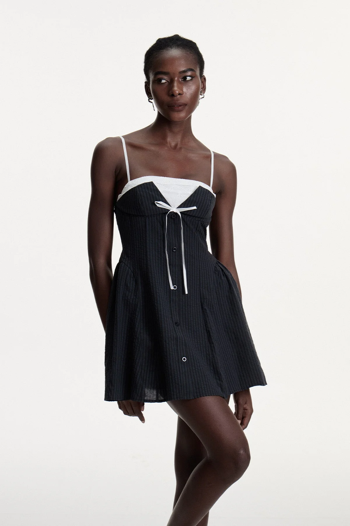 Elegant Black Stripe Lace Spaghetti Mini Dress