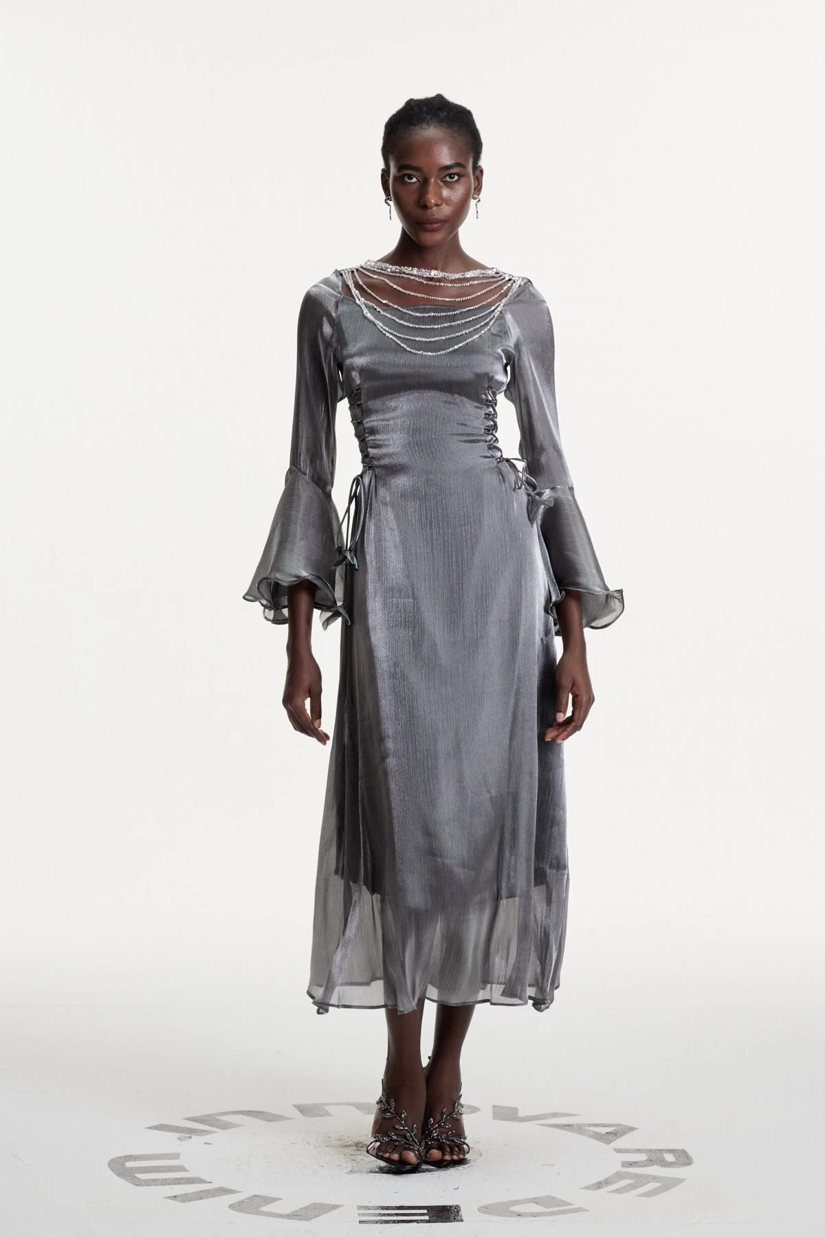 Elegant Chain Accent Ruffle Maxi Dress