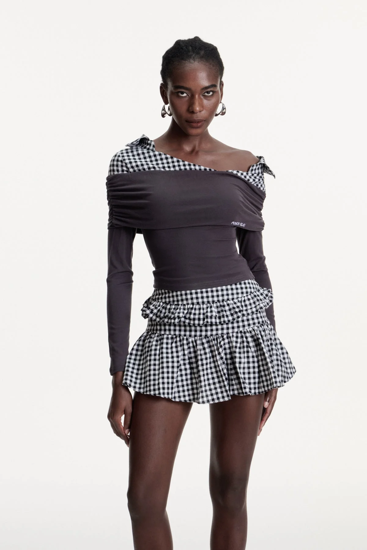 Modern Grid Pattern Asymmetric Skirt Set
