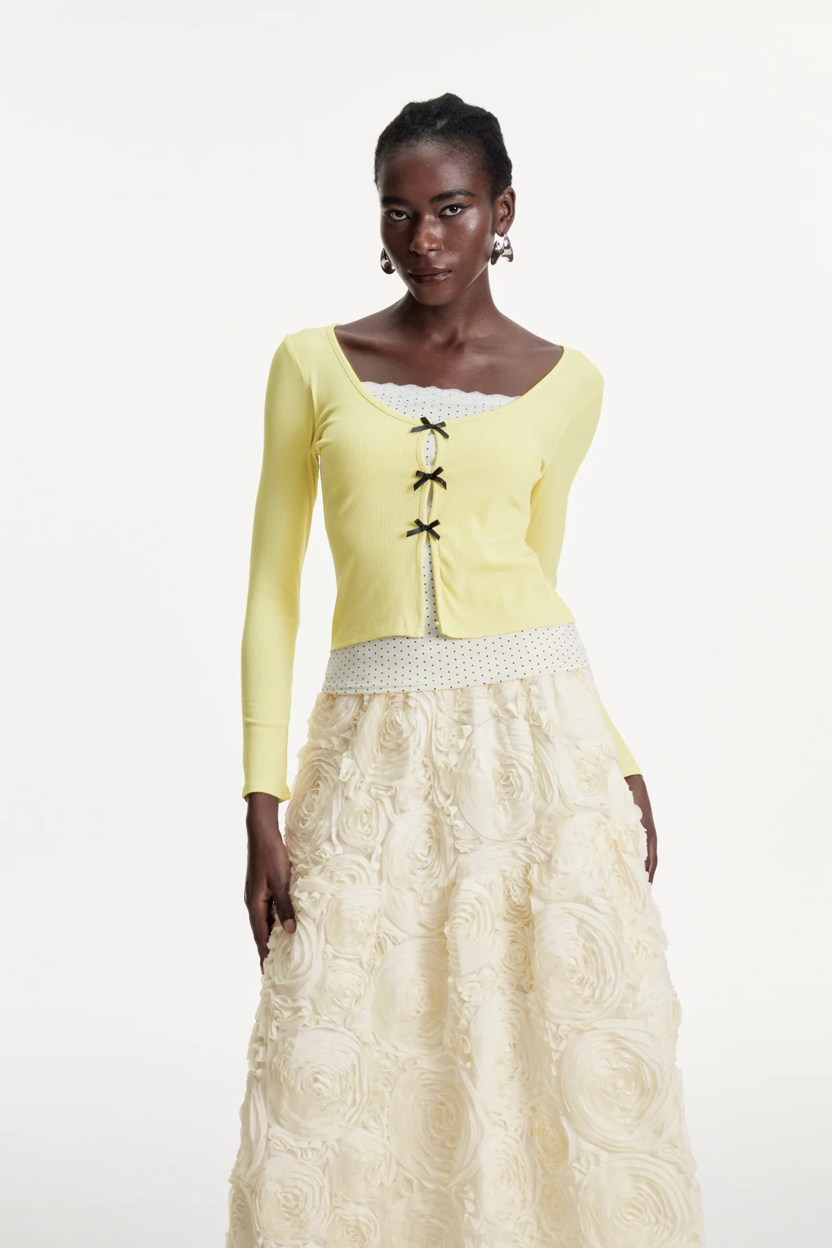 Yellow Polka Dot Bow Long Sleeve Top