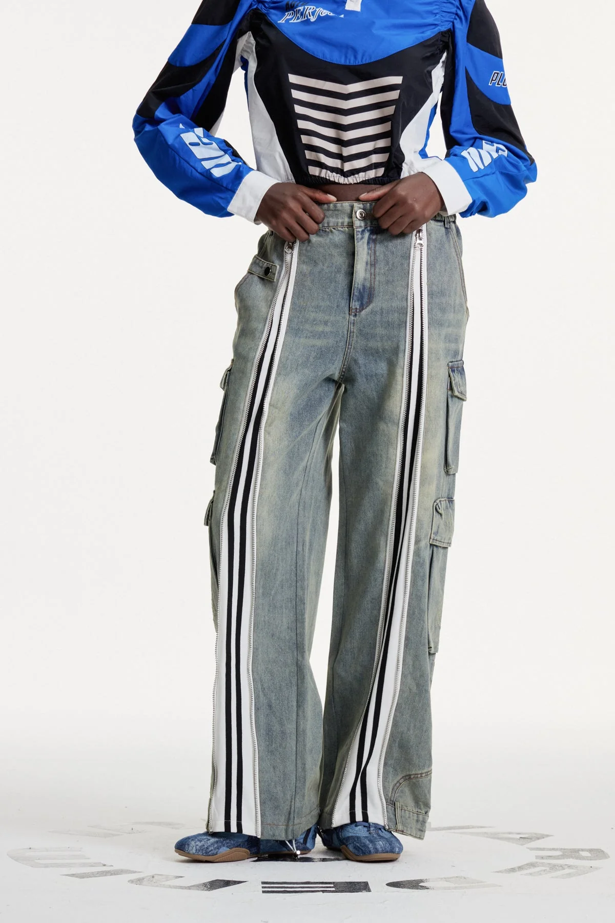 Blue Cargo Jeans with Zipper Stripe Detail