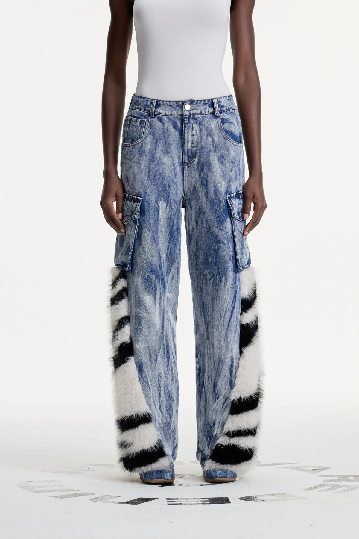 Bold Print Faux Fur Jeans in Blue