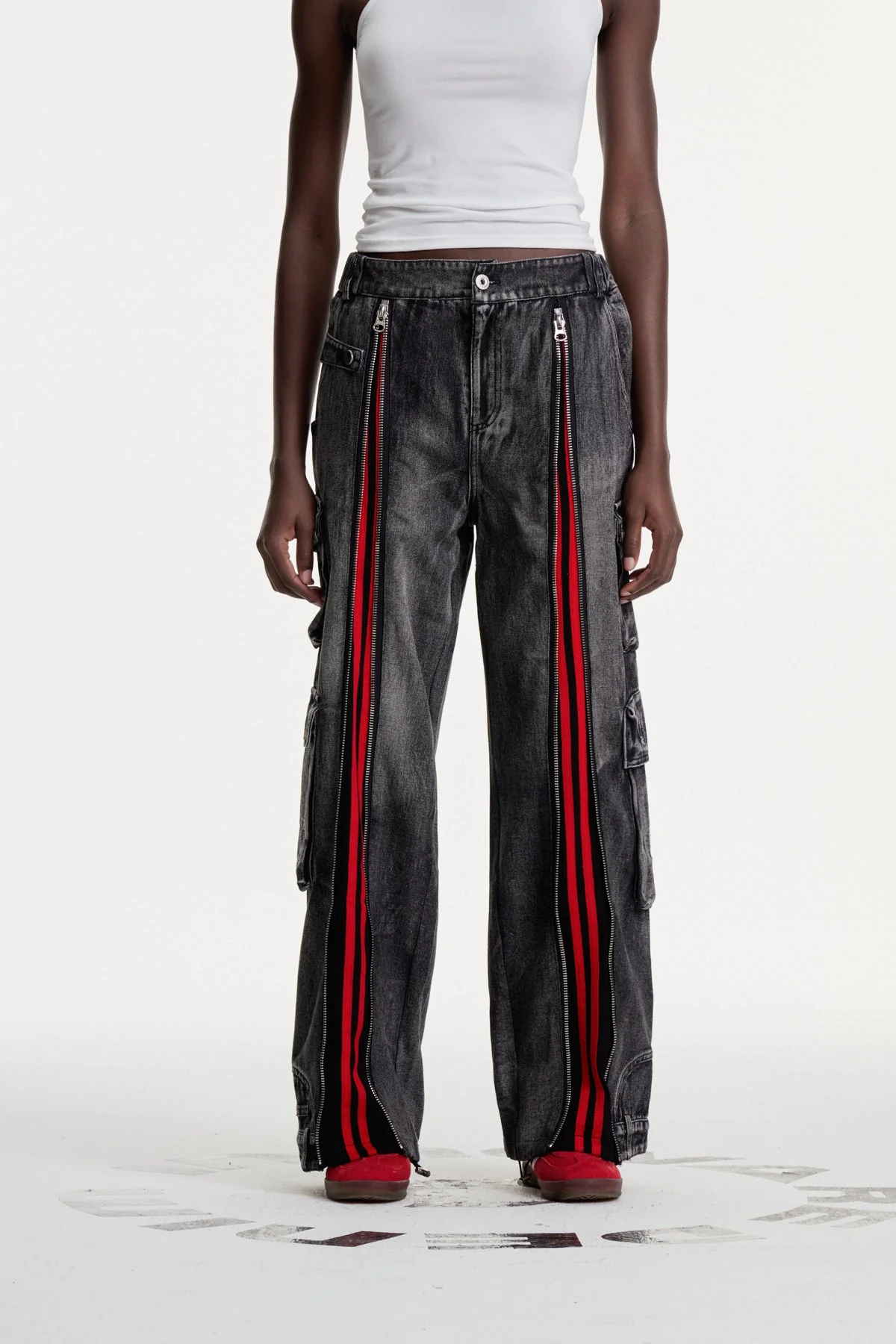 Black Cargo Jeans with Zipper Detailing