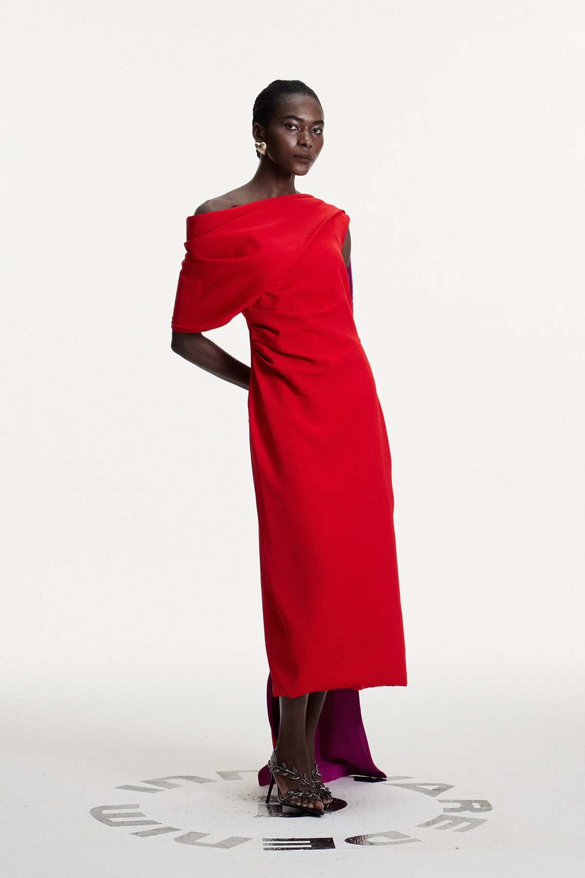 Red Asymmetric Ruched Shawl Midi Dress