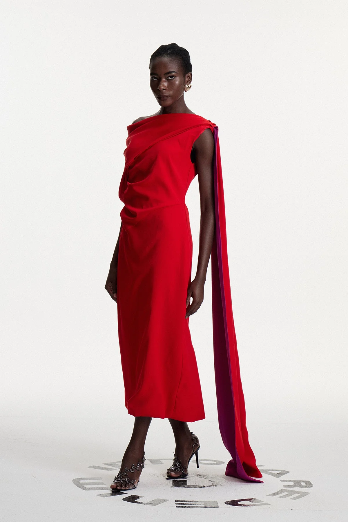 Red Asymmetric Ruched Shawl Midi Dress