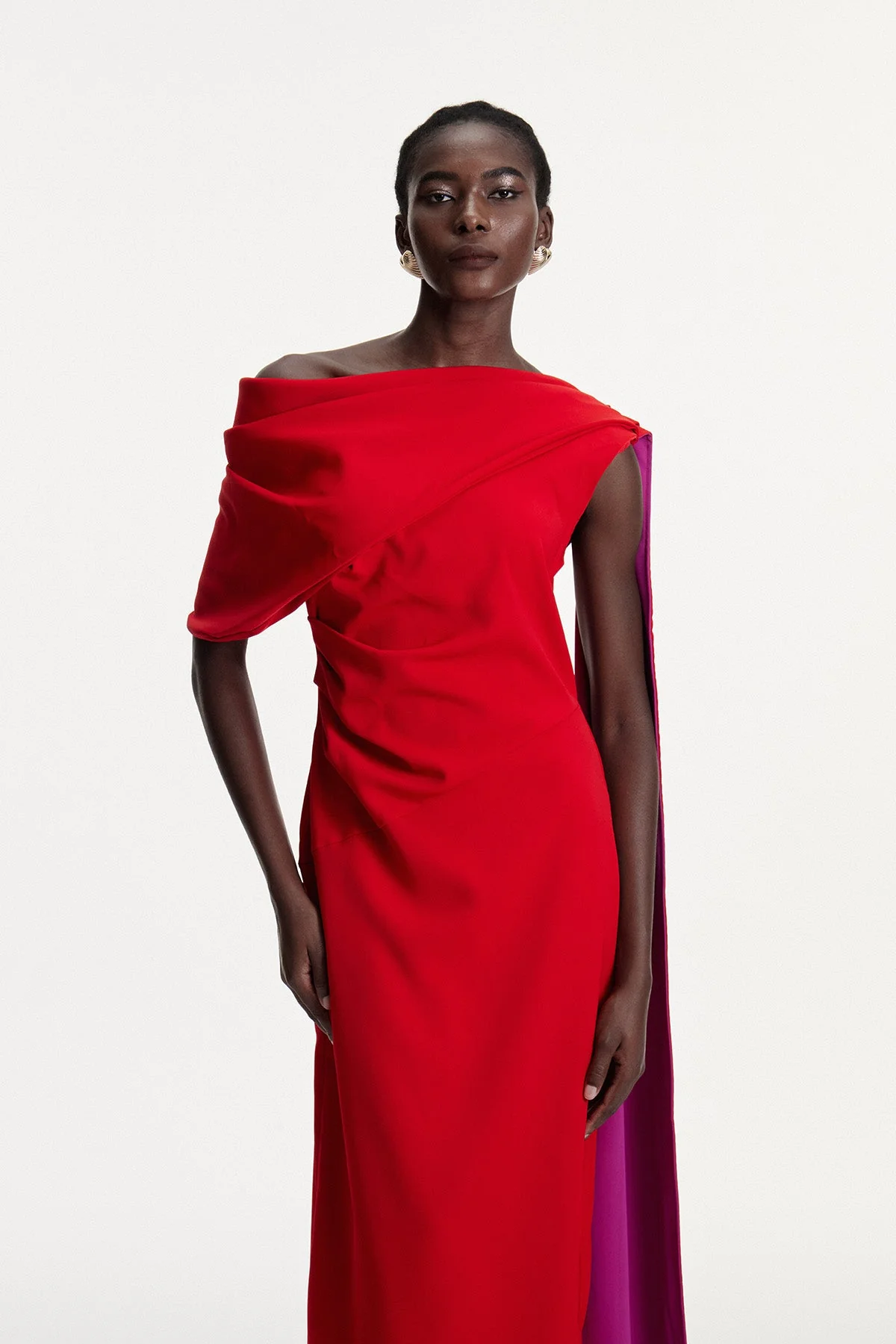 Red Asymmetric Ruched Shawl Midi Dress
