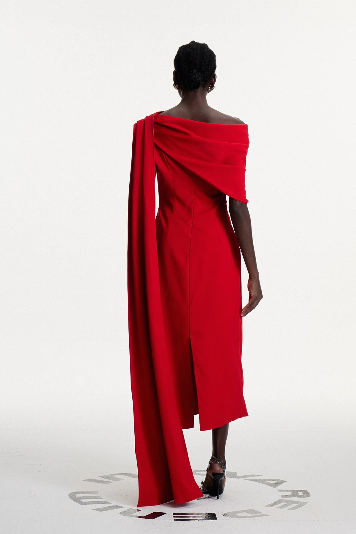 Red Asymmetric Ruched Shawl Midi Dress