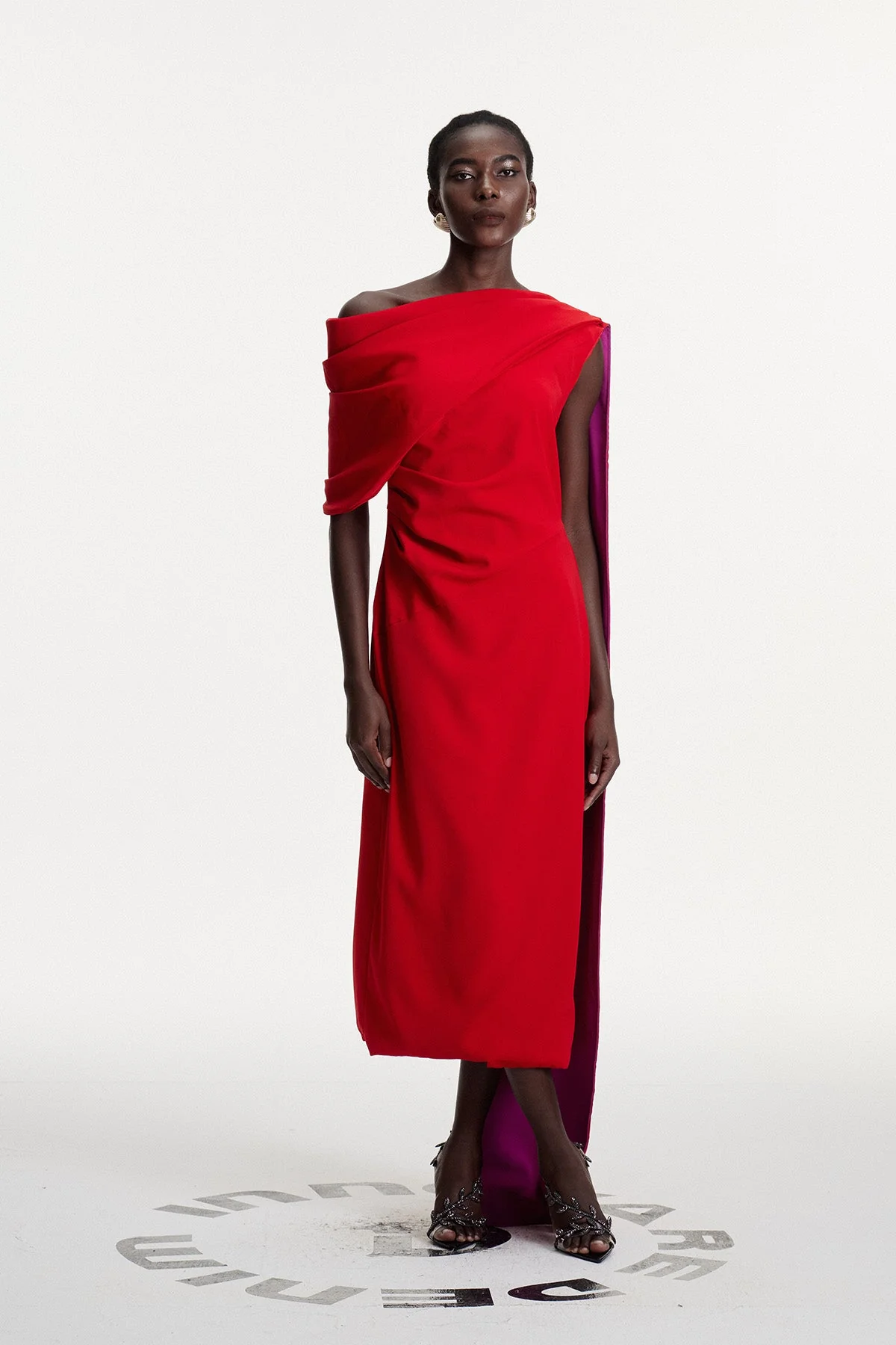 Red Asymmetric Ruched Shawl Midi Dress