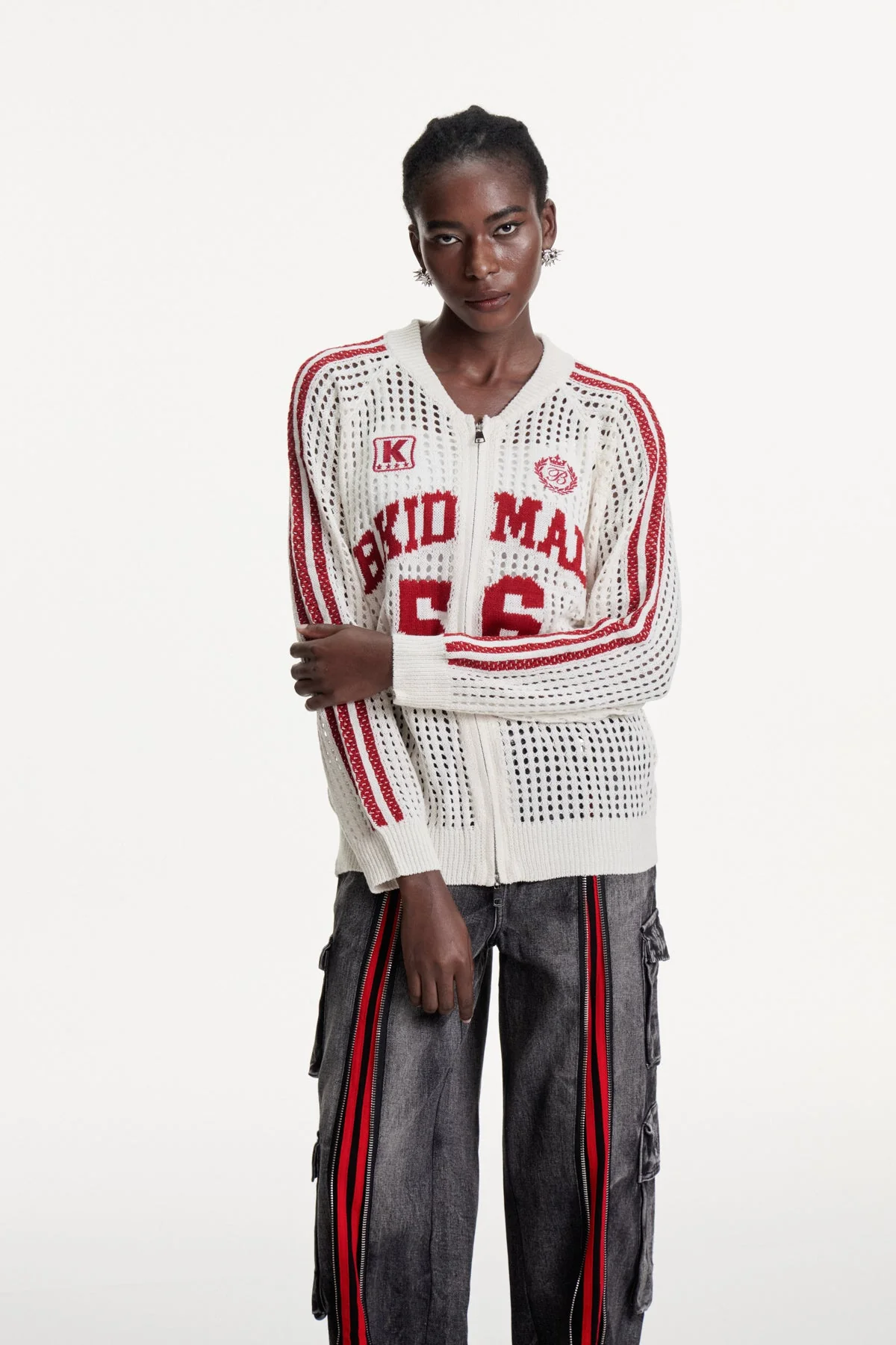 Striped Cutout Knit Jacket in White - Modern Urban Style