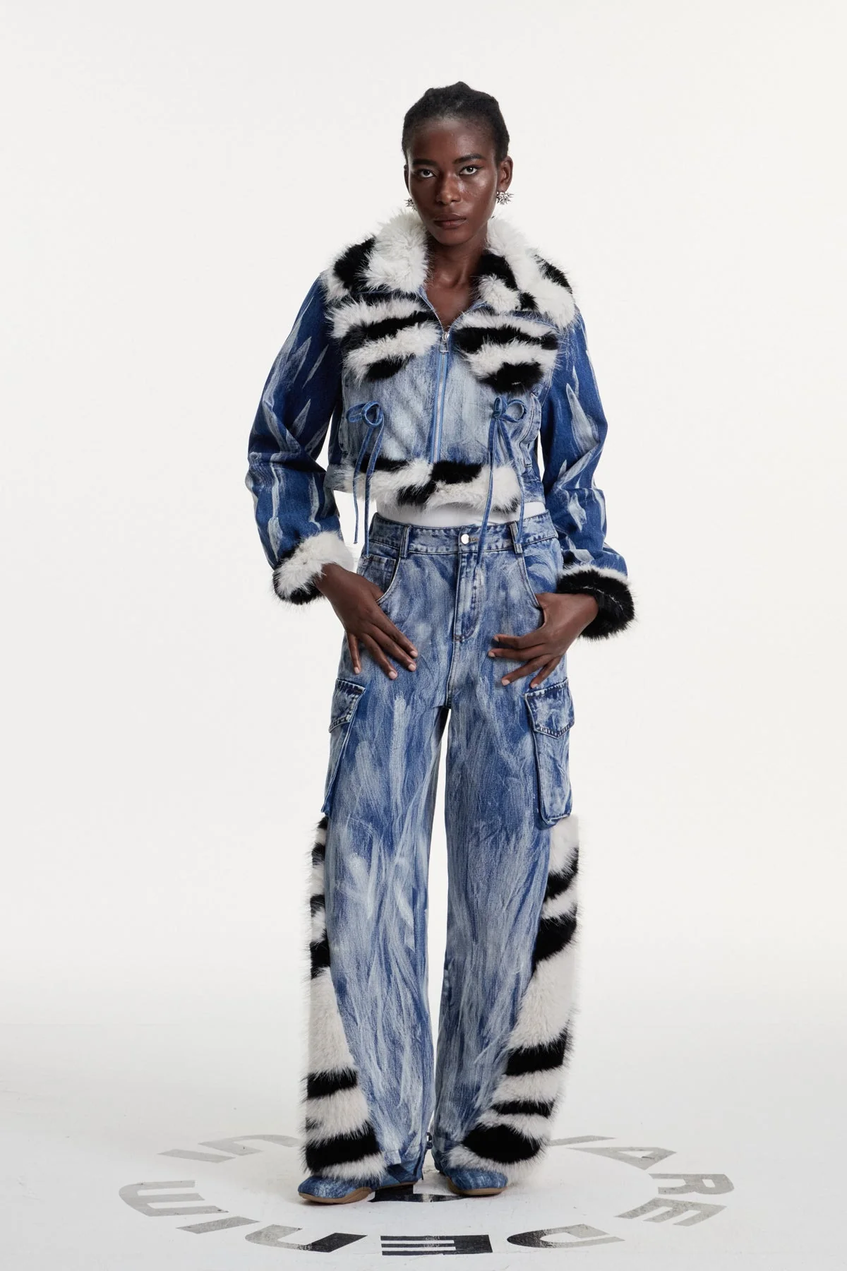 Blue Printed Faux Fur Denim Jacket