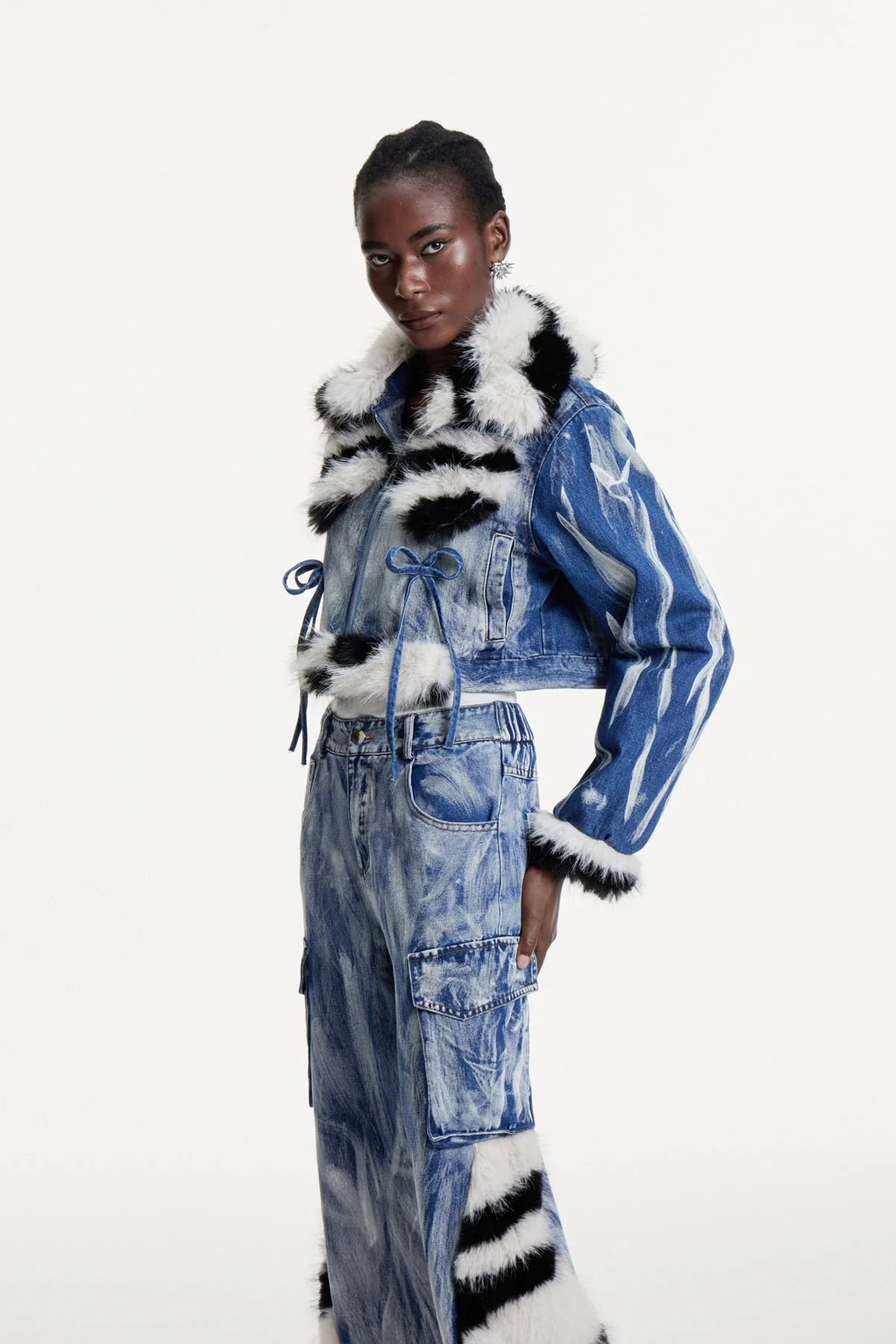 Blue Printed Faux Fur Denim Jacket