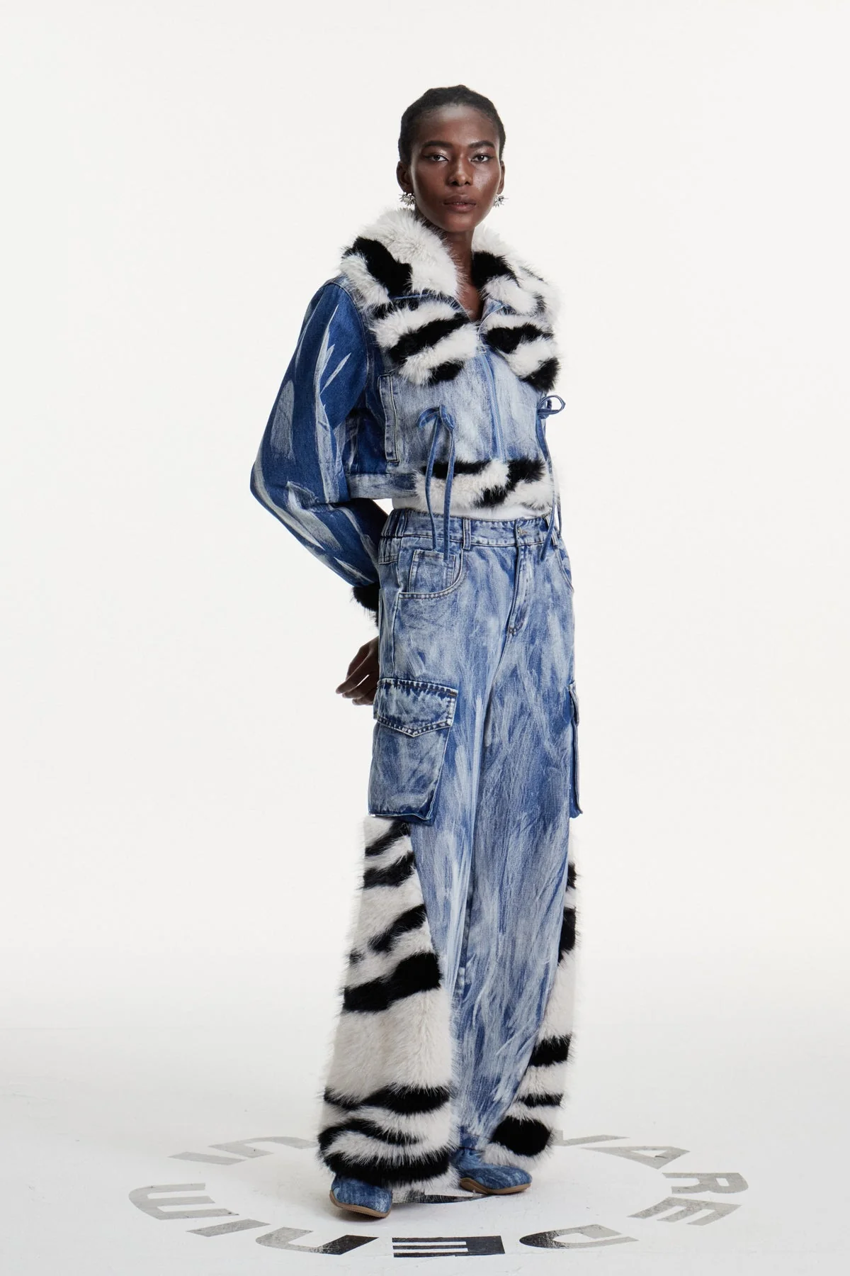 Blue Printed Faux Fur Denim Jacket