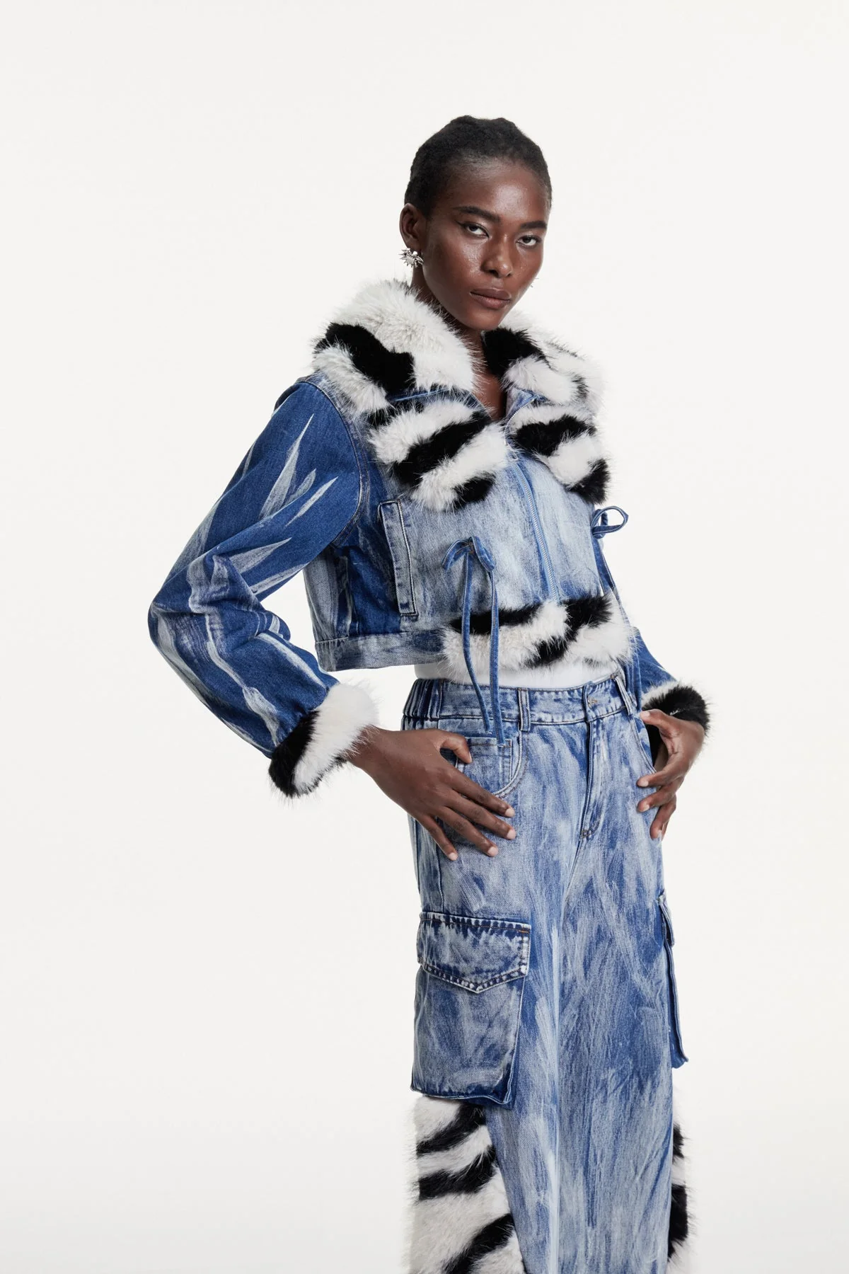 Blue Printed Faux Fur Denim Jacket