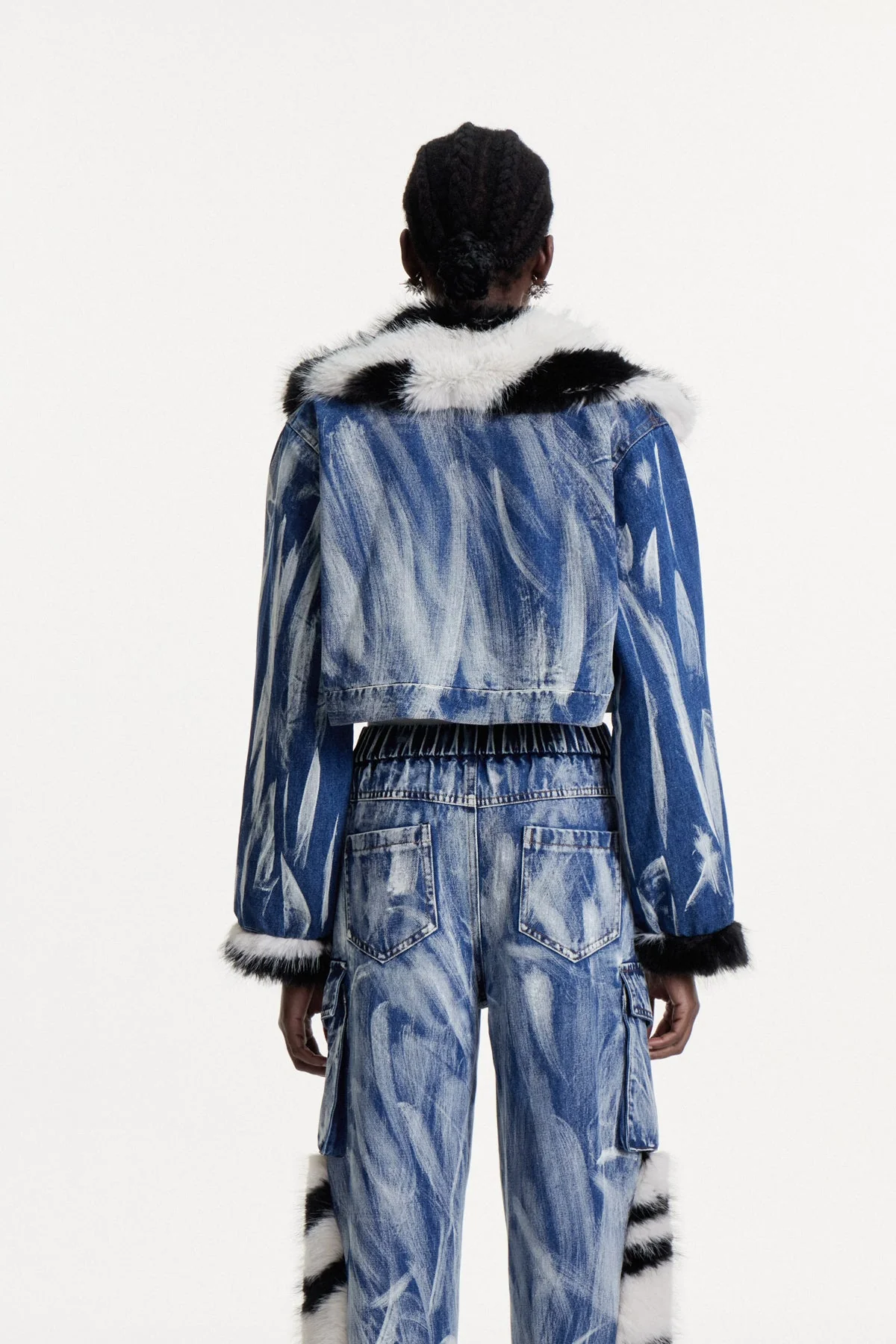 Blue Printed Faux Fur Denim Jacket