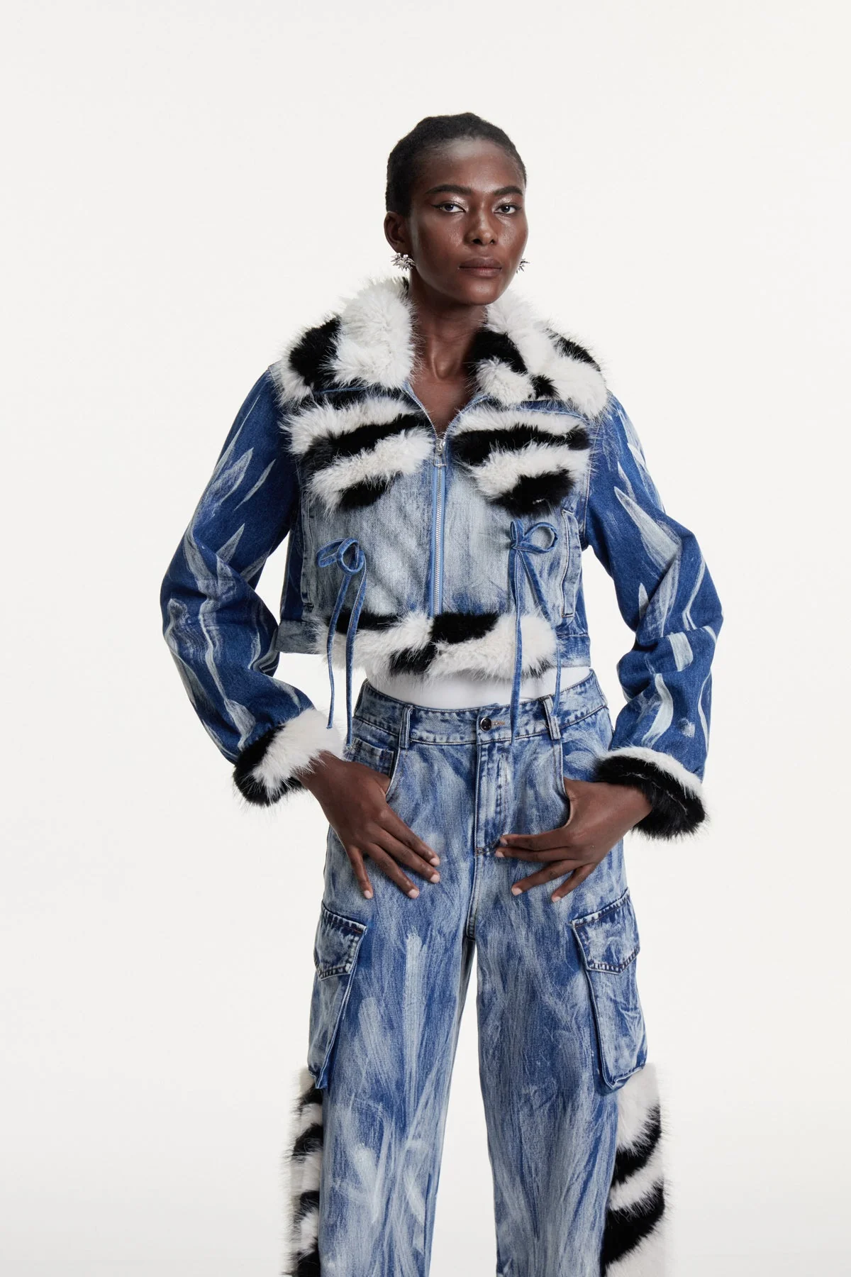 Blue Printed Faux Fur Denim Jacket