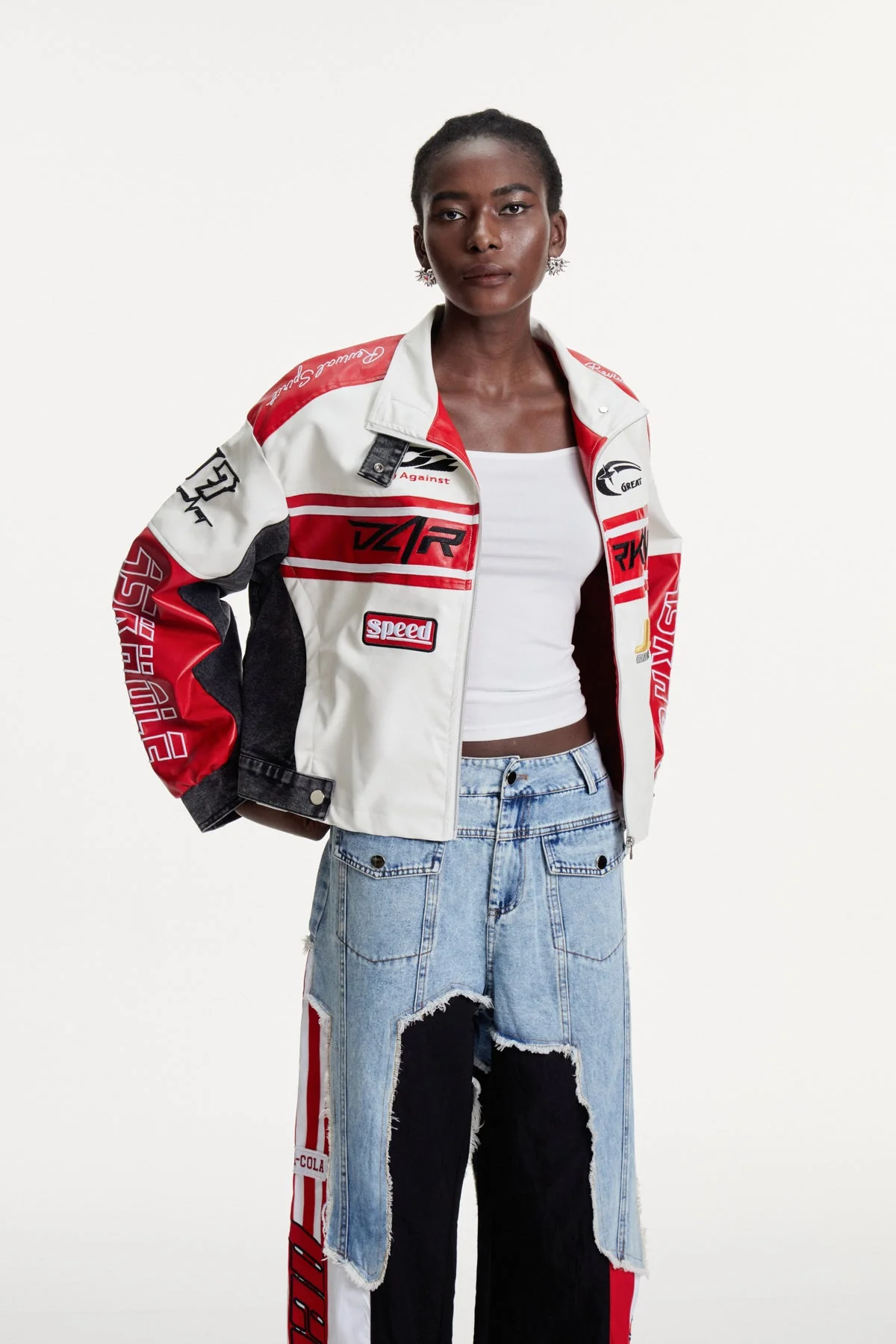 White Printed Deconstructed Jacket - Modern Artistic Design