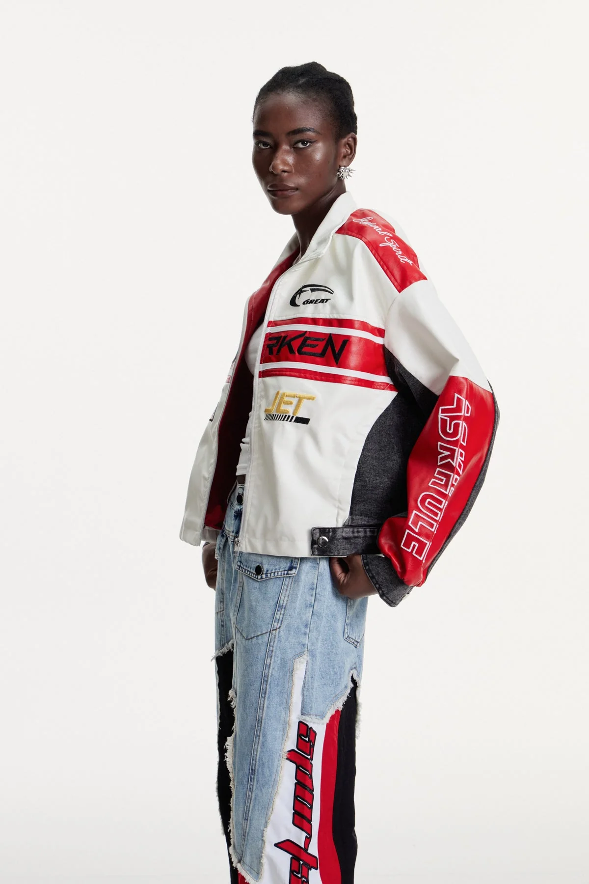 White Printed Deconstructed Jacket - Modern Artistic Design